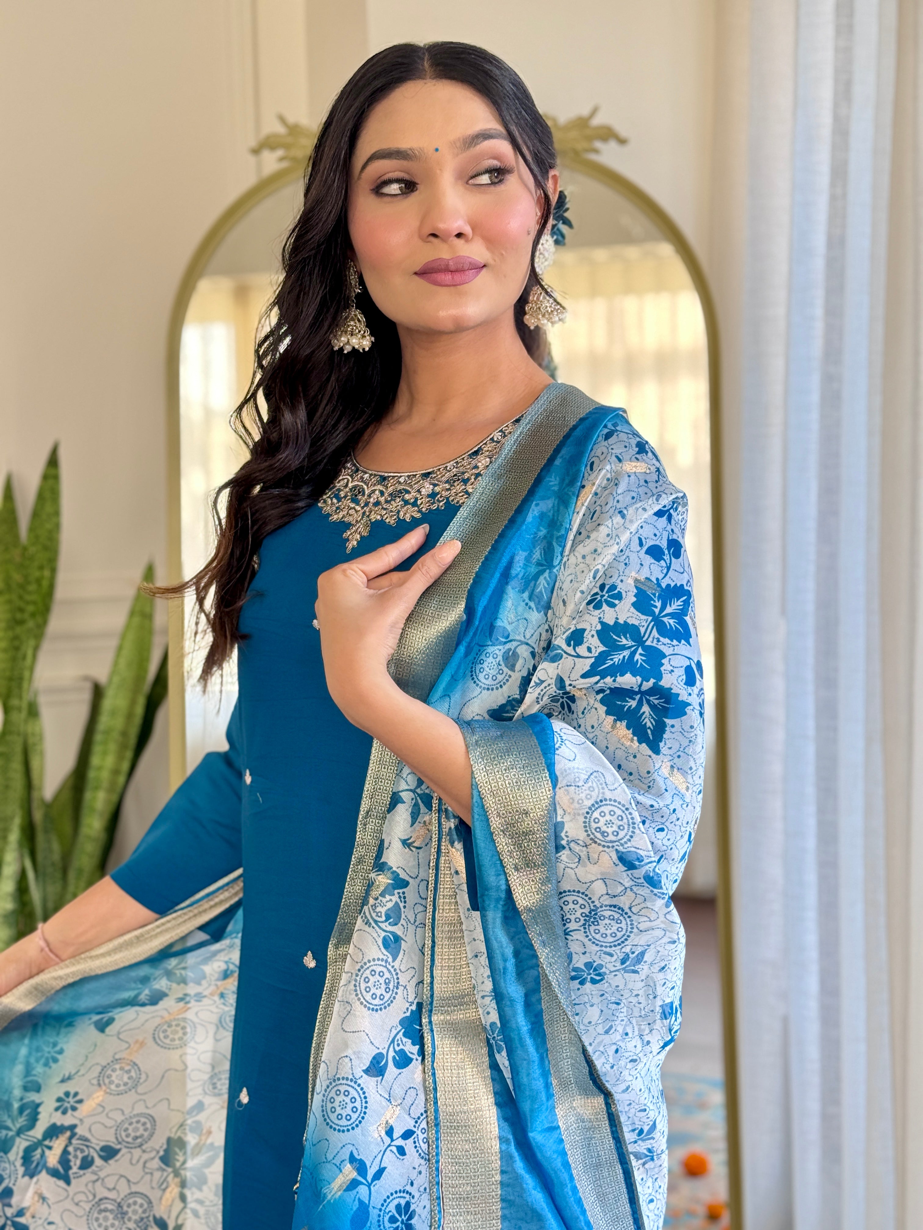 Petrol Roman Silk Elegant Kurta Pant Set With Embroidery Work