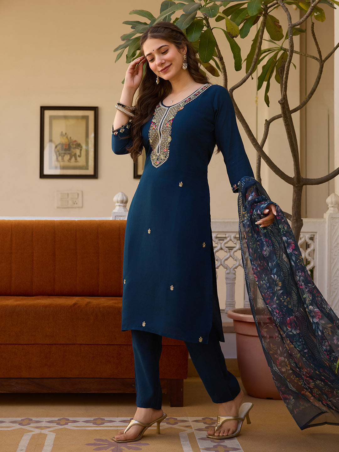 Petrol Viscose Chanderi Elegant Kurta Pant Set With Embroidery Work