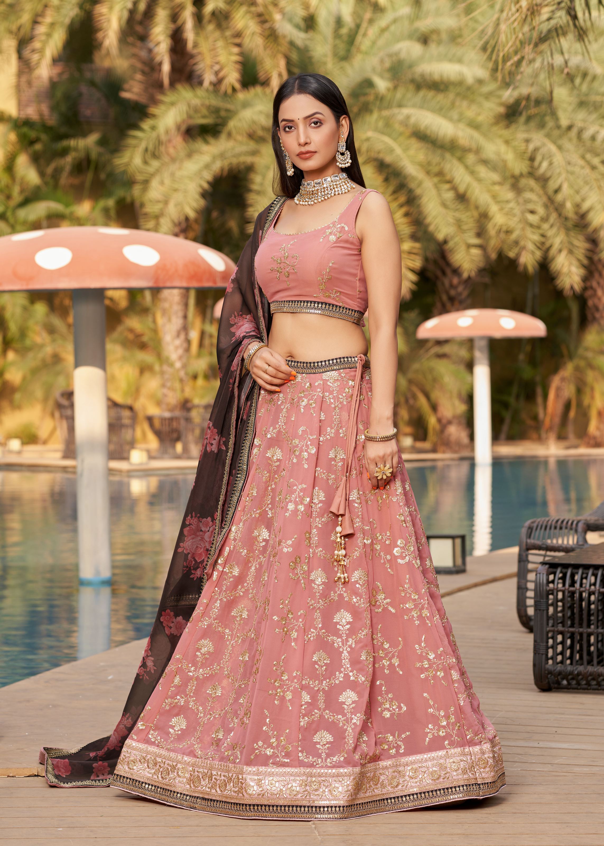 Pink-Brown Lehenga Choli With Sequins, Zari, Thread And Dori Work Embroidery With Digital Print