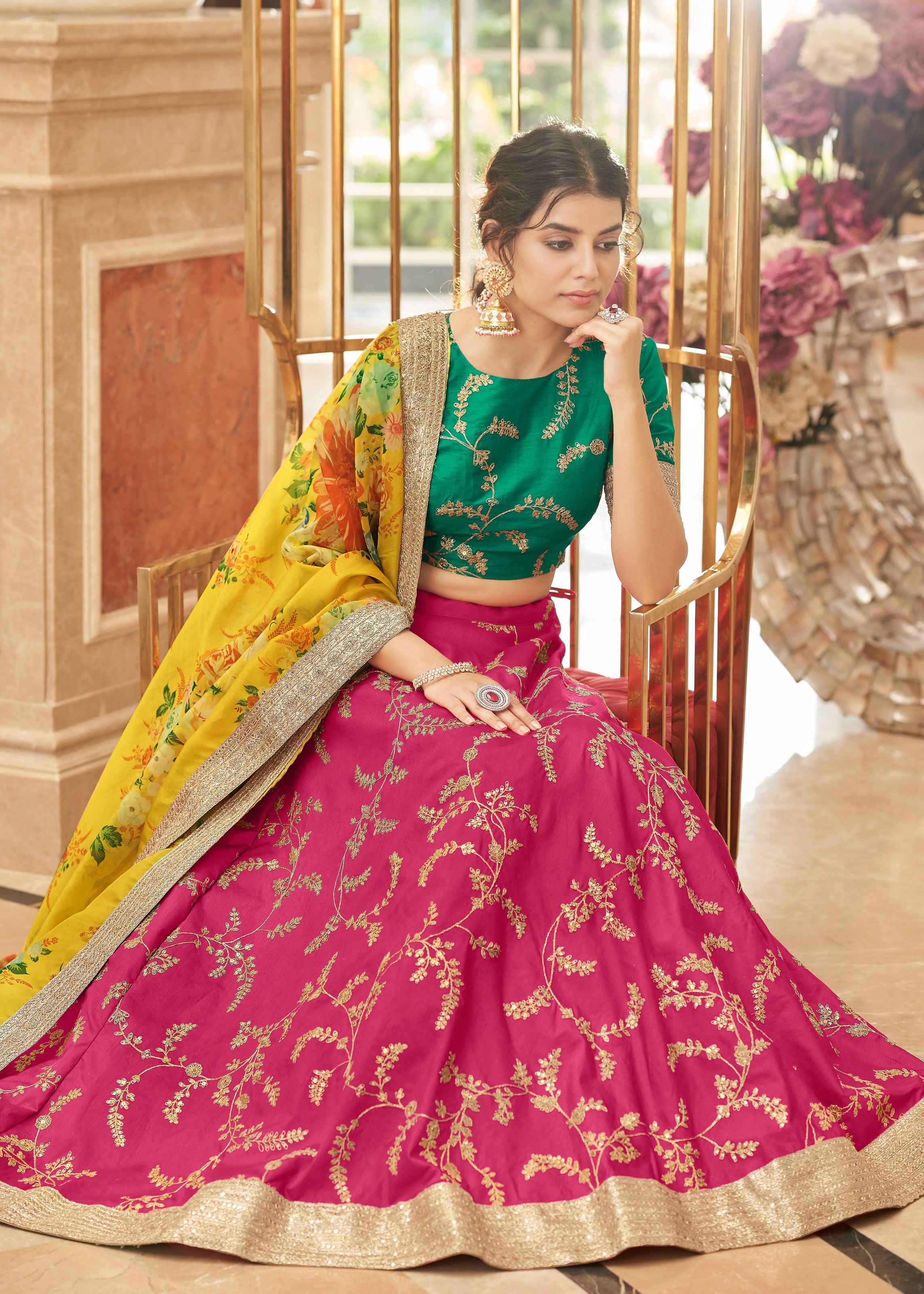Pink-Yellow Lehenga Choli With Thread, Zari, Dori And Sequins Embroidery Work