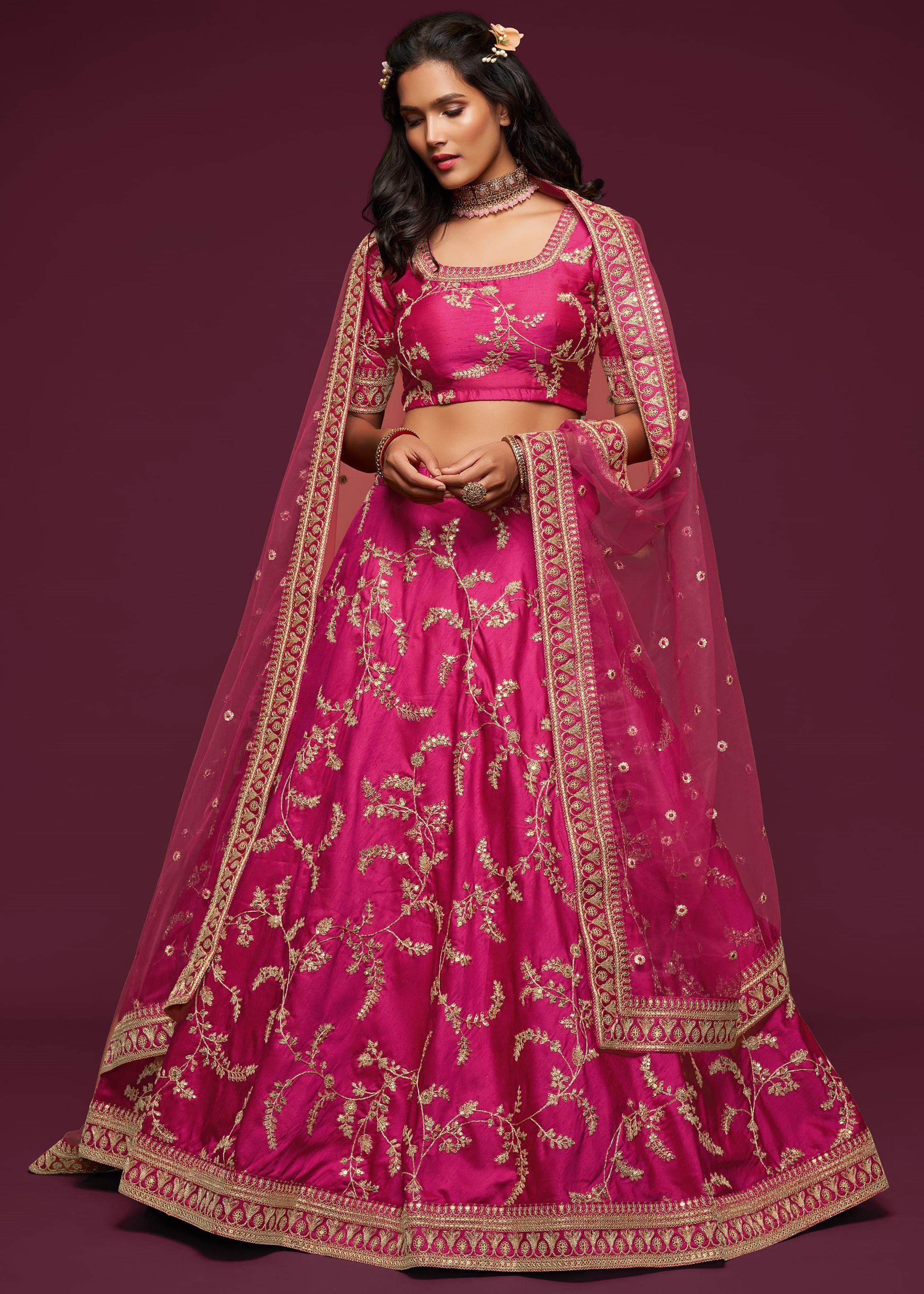 Pink Art Silk Lehenga Choli With Thread, Zari, Dori and Sequins Embroidery Work