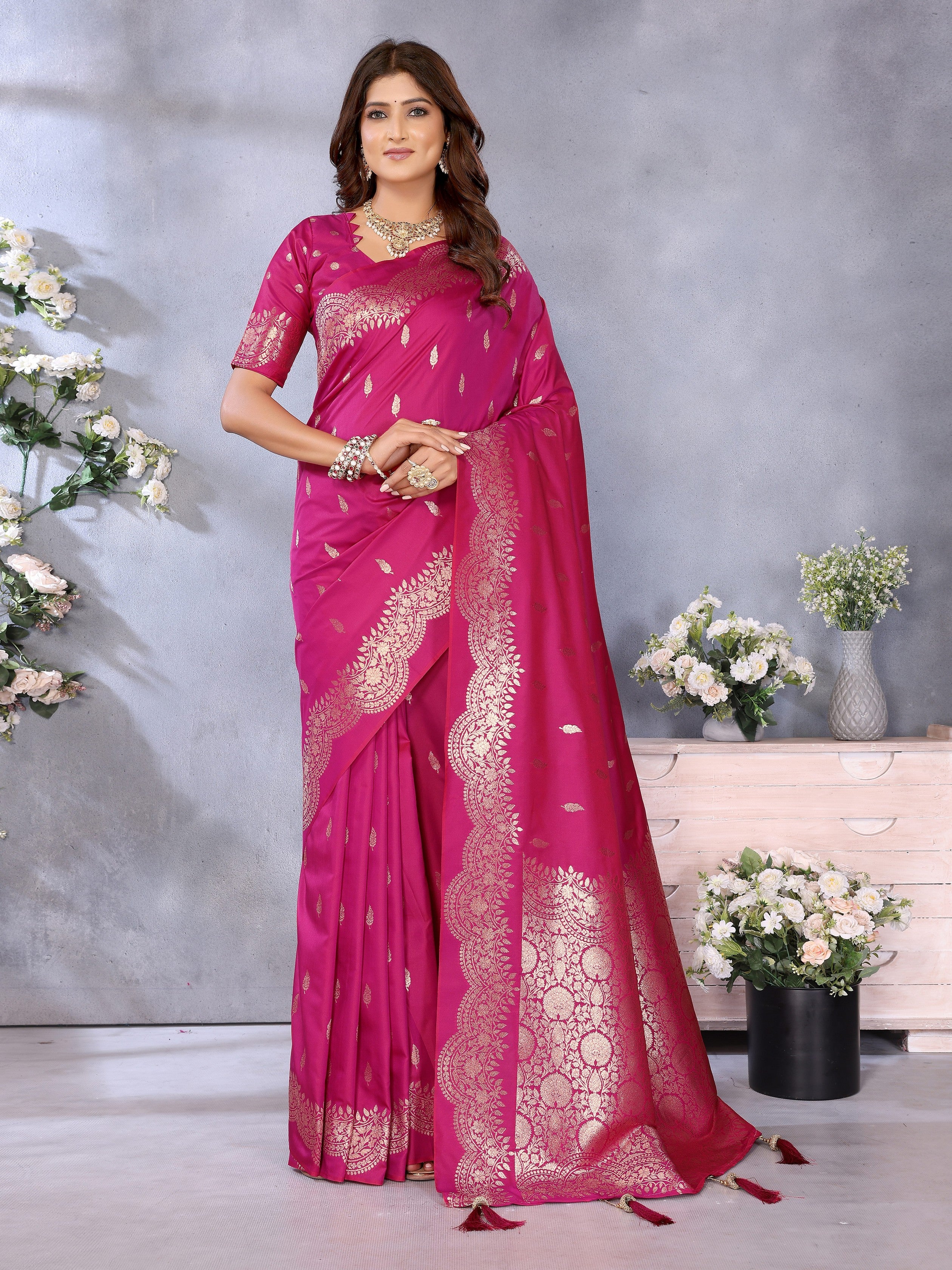 Pink Banarasi Silk Jacquard Weaving Designer Partywear Traditional Saree