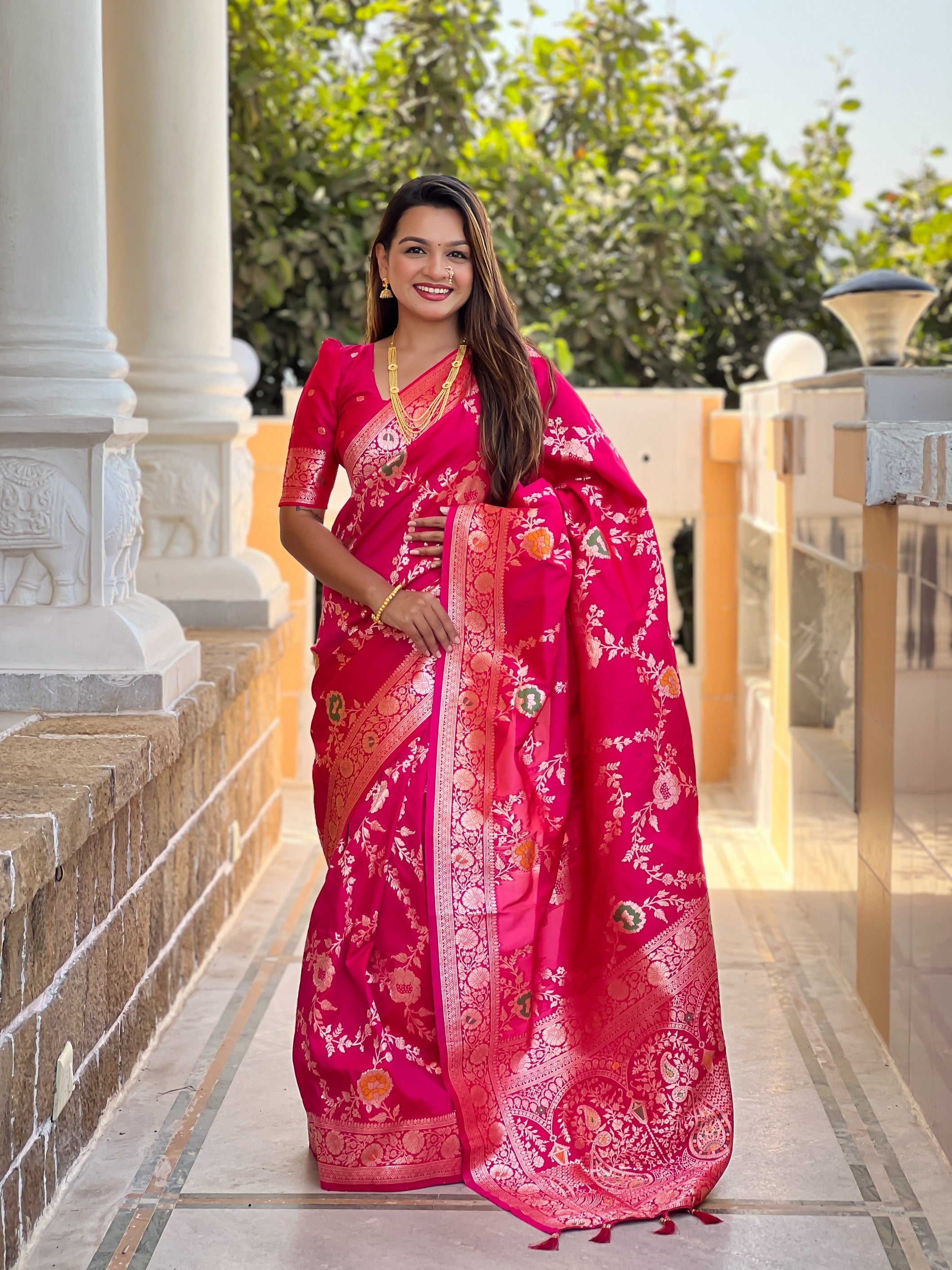 Pink Banarasi Silk Saree With Traditional Woven Meenakari Designer Traditional Looks