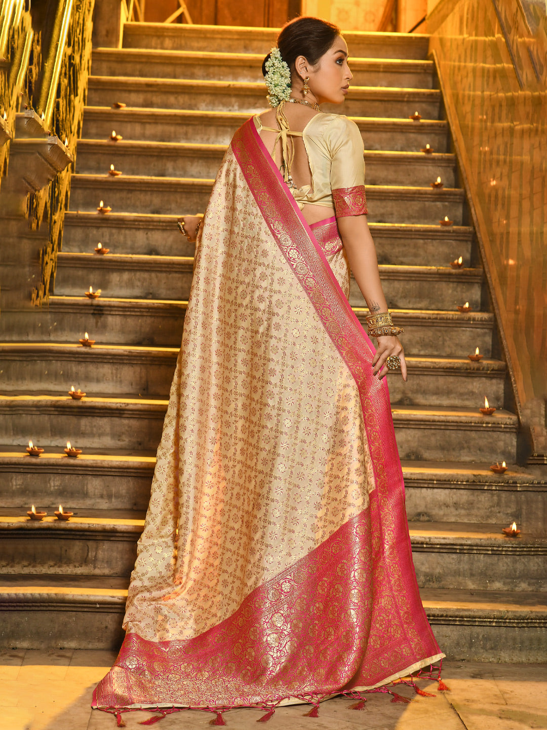 Pink Banarasi Silk Saree With Woven Jacquard Designer Ceremonial Saree