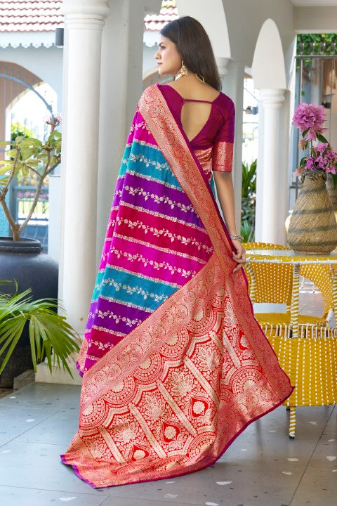 Pink Banarasi Silk Saree with Leriya Zari and Contrast Pallu