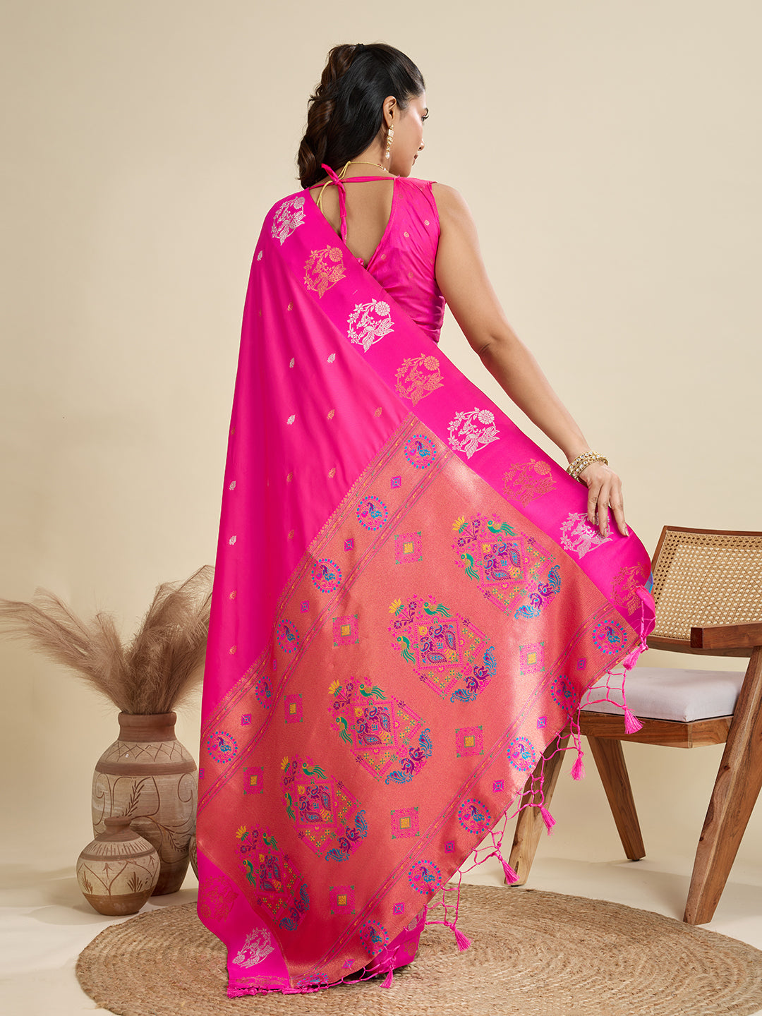 Pink Banarasi Silk Saree with Silver Butti and Paithani Pallu