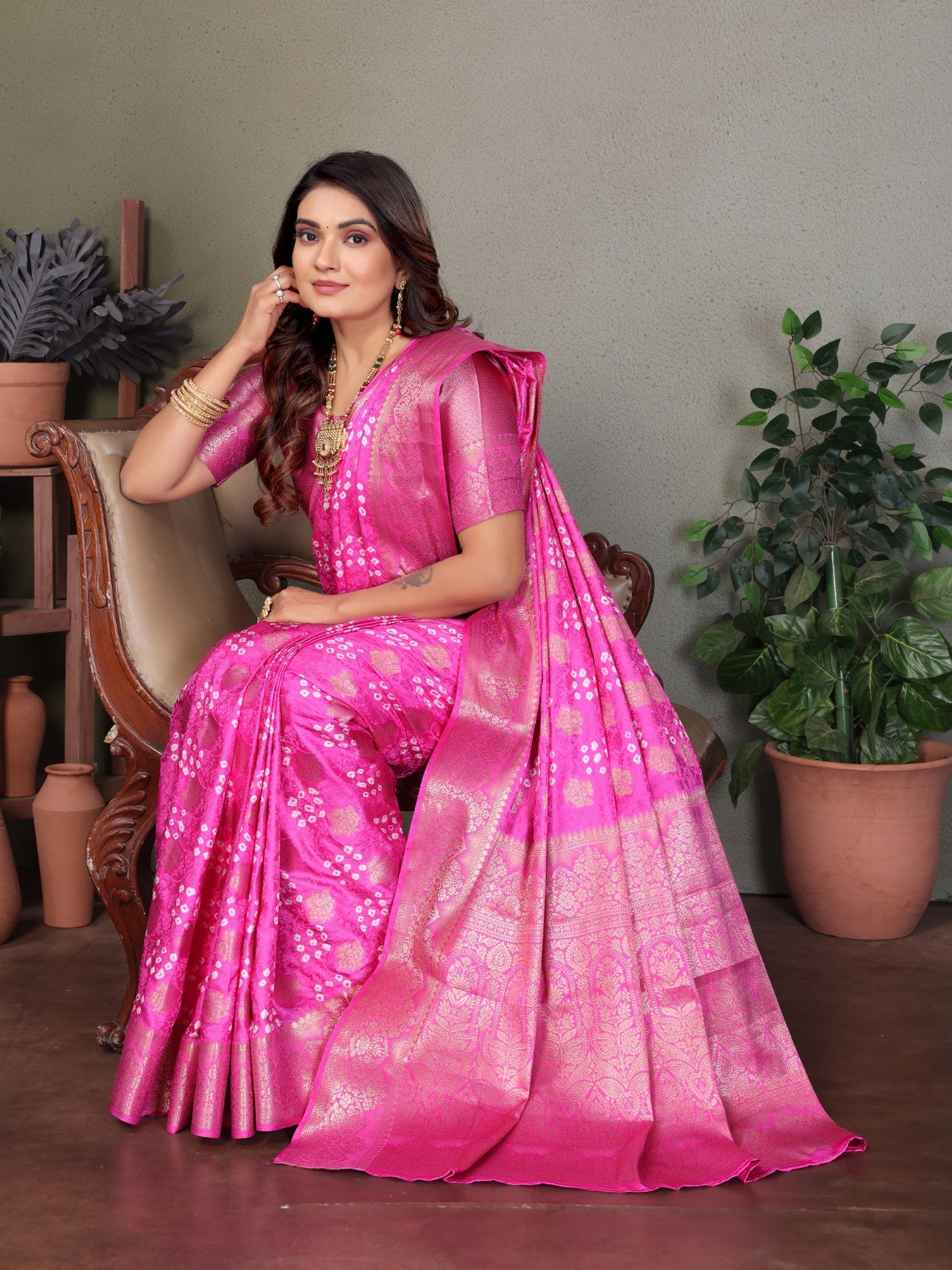 Pink Bandhej Silk Saree With Designer Zari Weaving