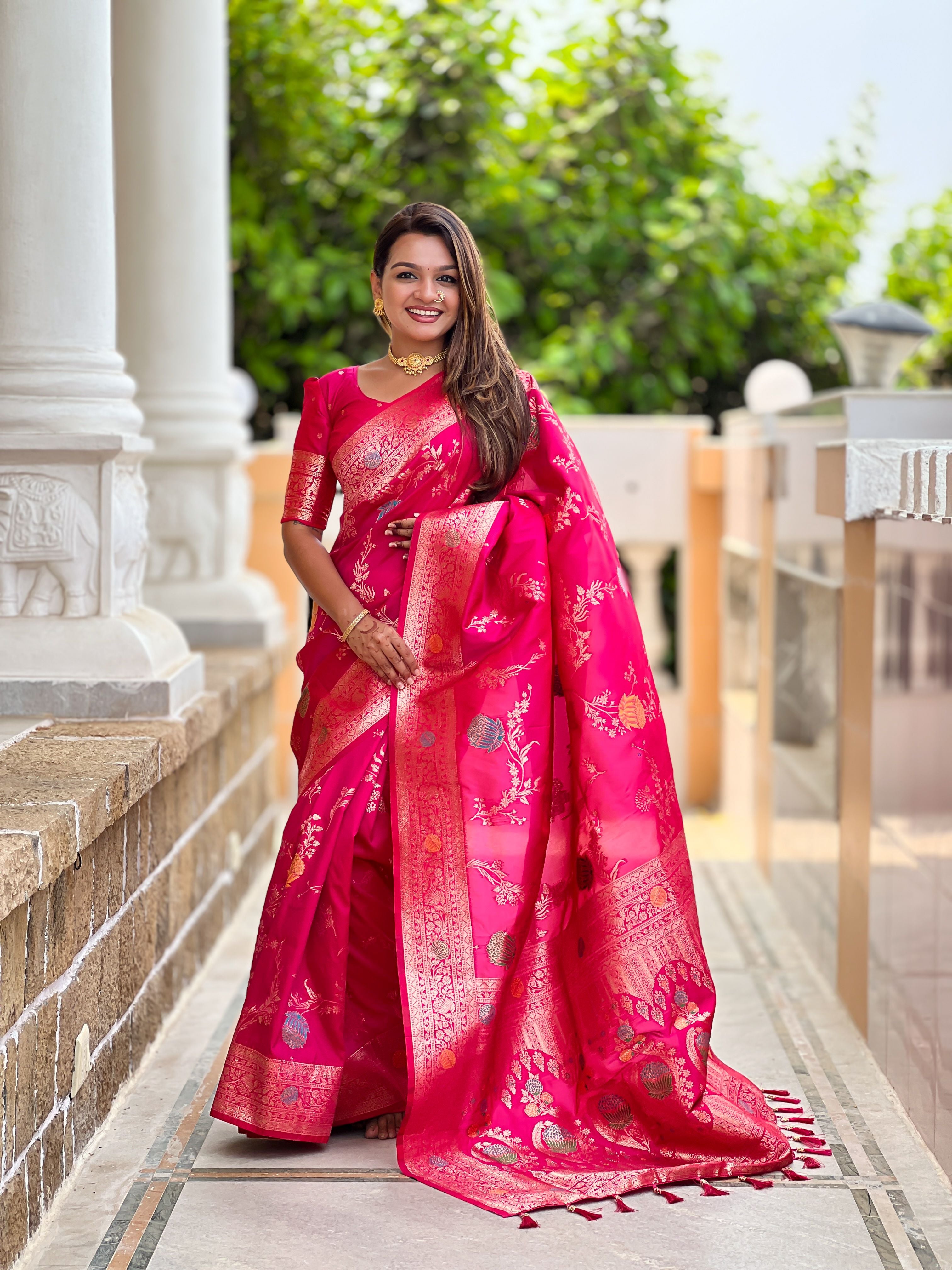 Pink Beautiful Banarasi Silk Woven Meenakari Designer Graceful Ethnic Saree