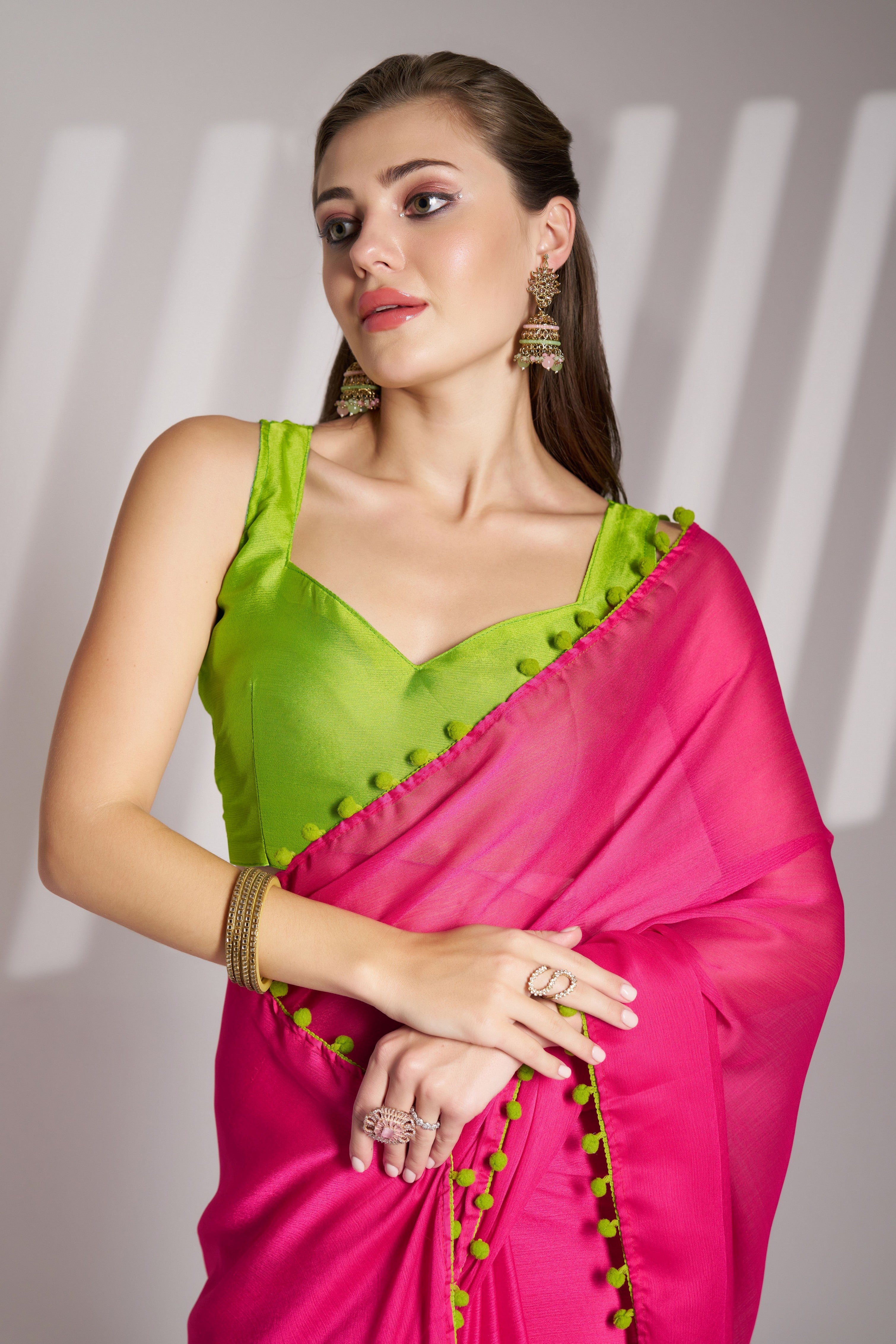Pink Beautiful Bollywood Style Partywear Chiffon Saree