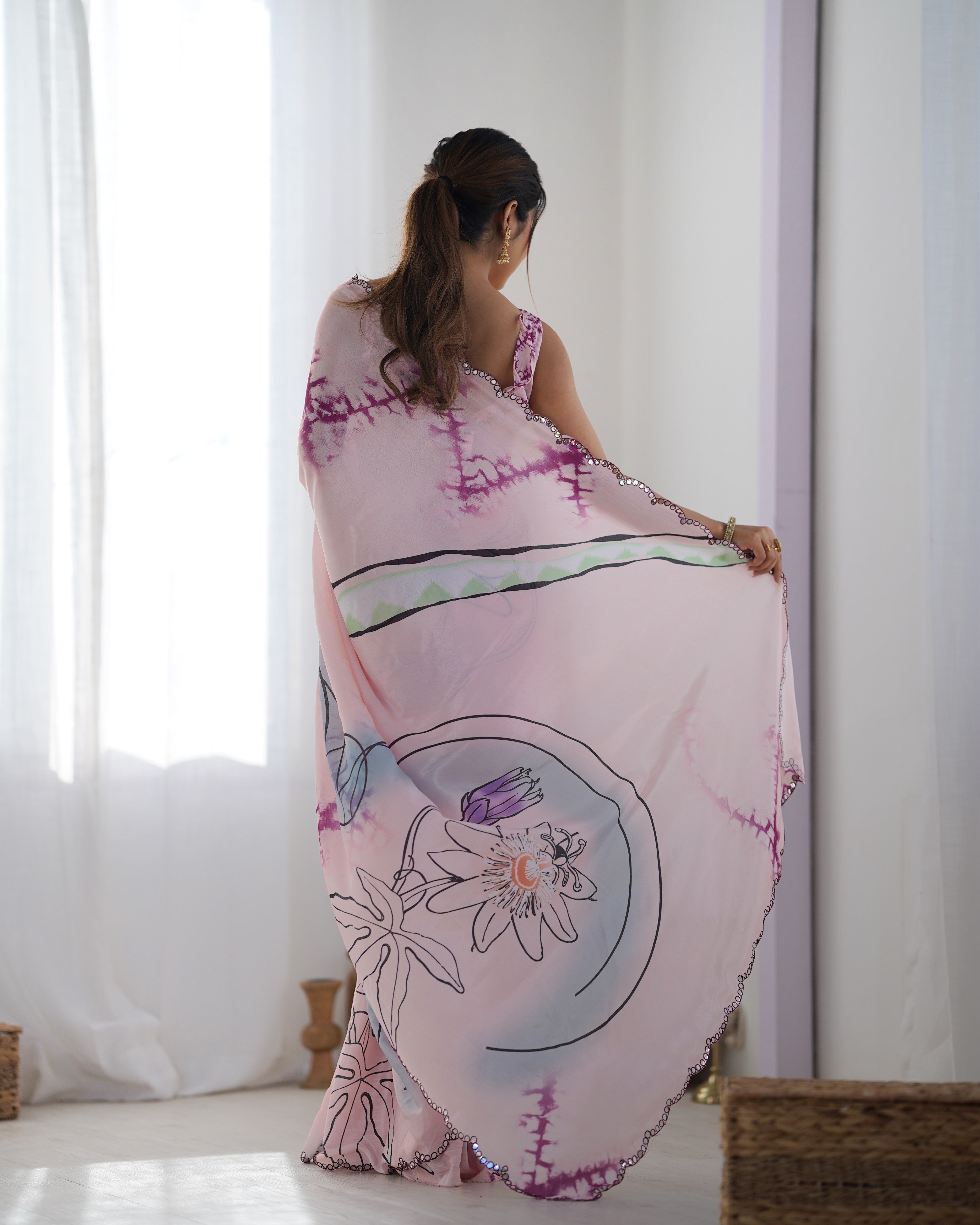 Pink Beautiful Chinon Fabric Digital Printed Saree With Mirror Cut Work
