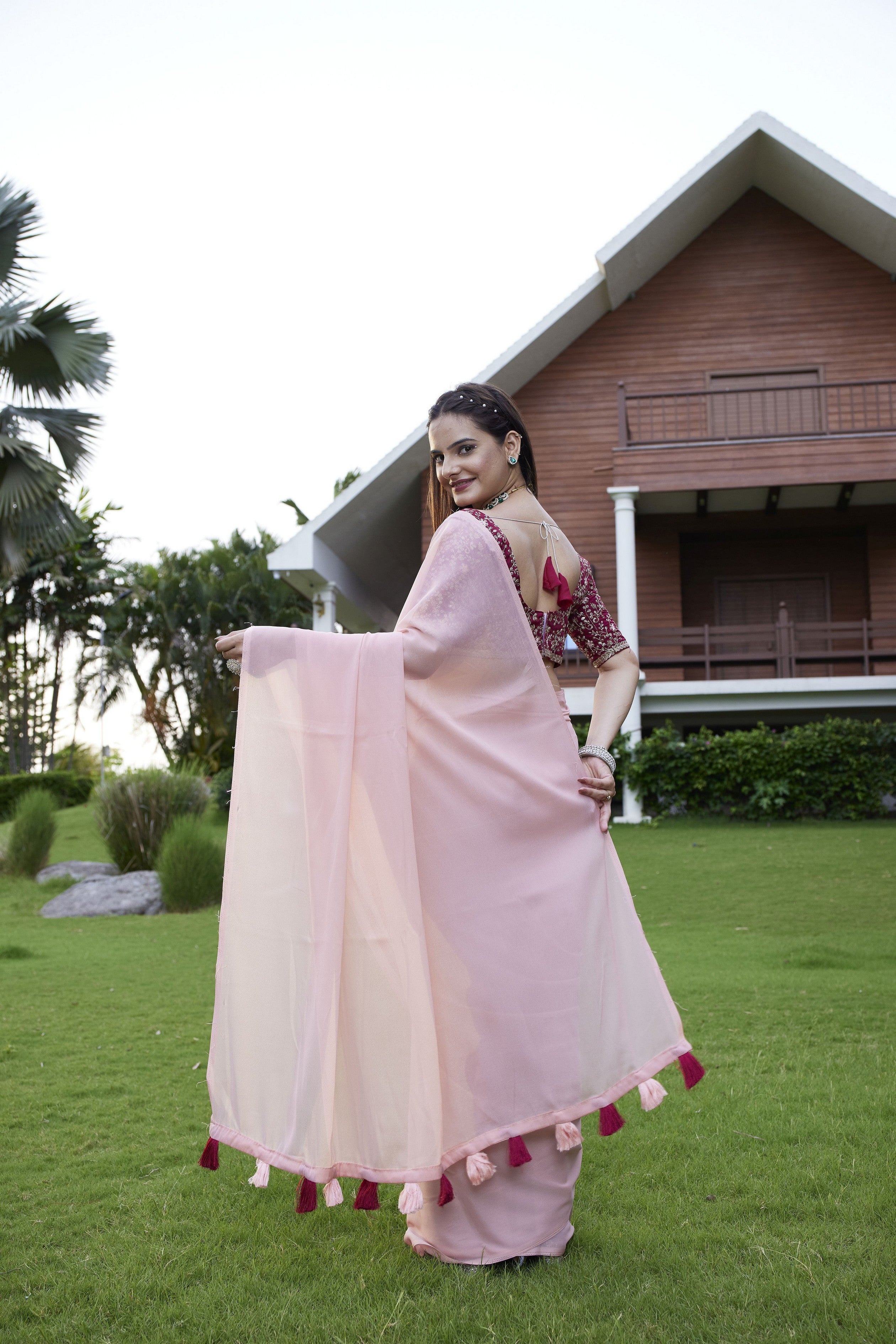 Pink Beautiful Fancy Saree With Embroidered Blouse