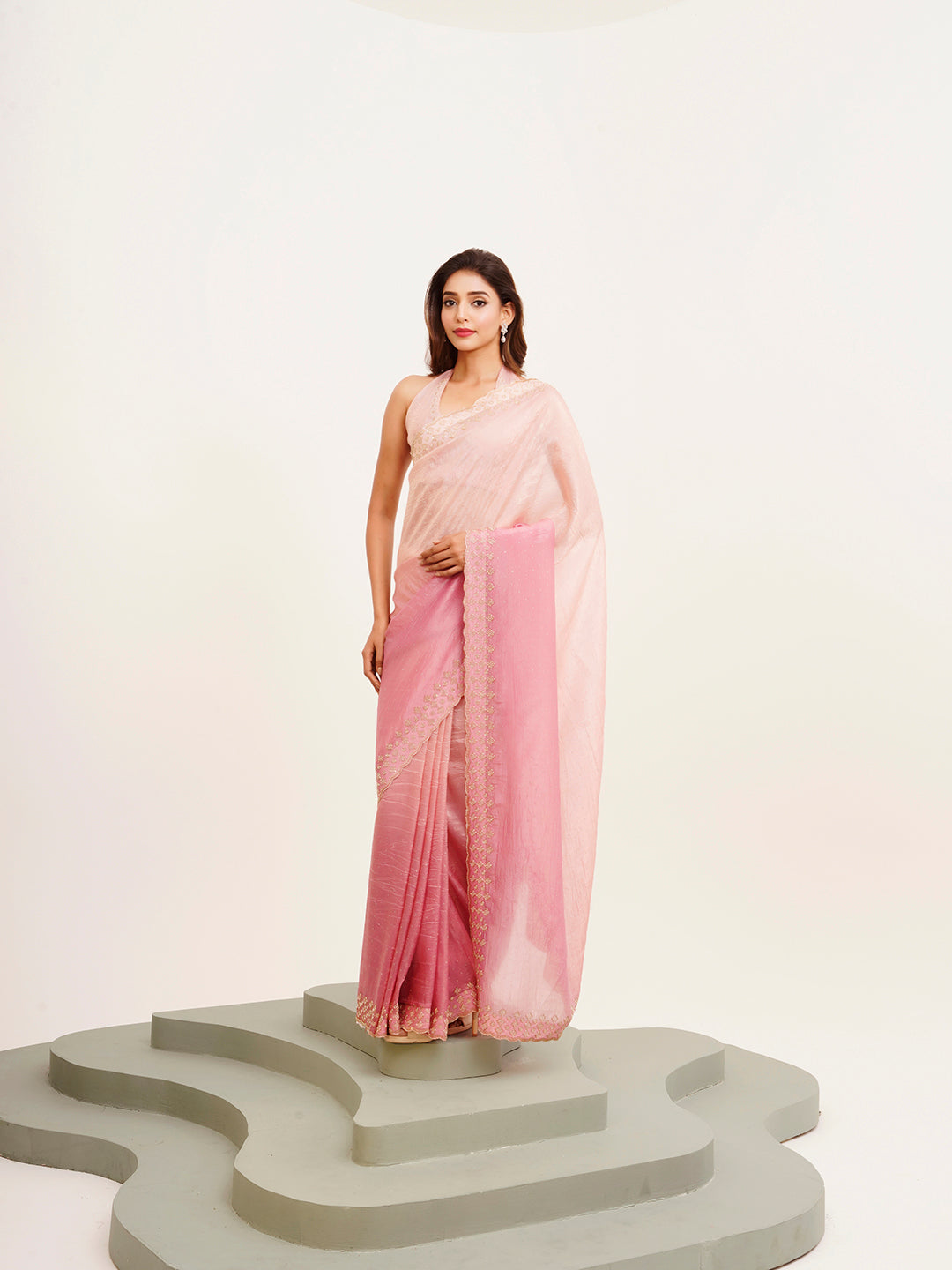 Pink Beautiful Partywear Embellished Beads And Stones Tissue Saree