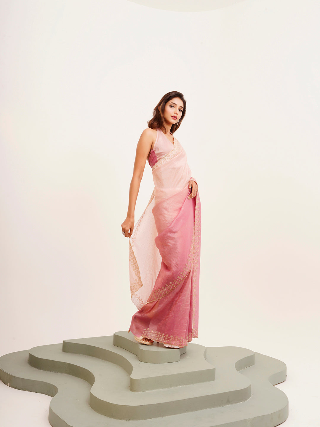 Pink Beautiful Partywear Embellished Beads And Stones Tissue Saree