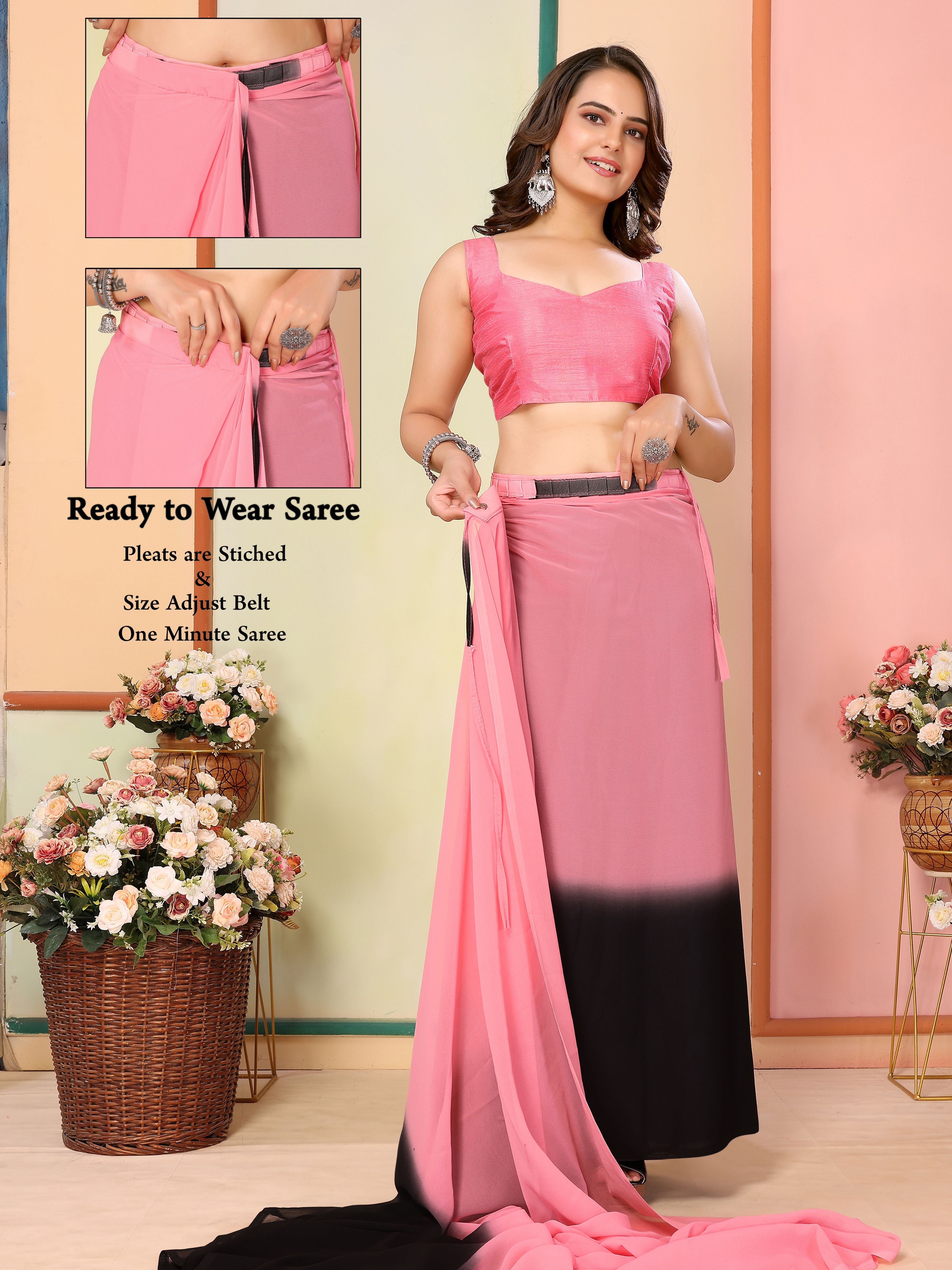 Pink Beautiful Pedding Printed Georgette Ready To Wear Saree