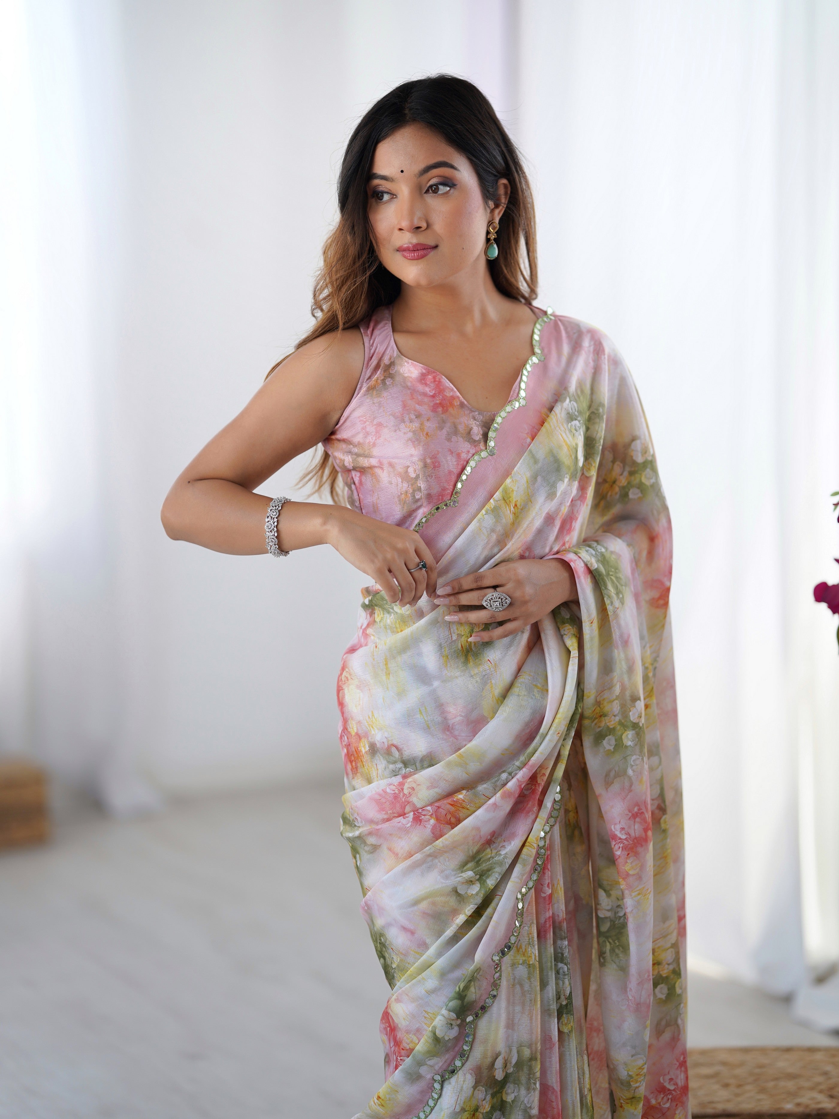 Pink Beautiful Printed Chinon Saree With Stylish Border For Girlie Looks