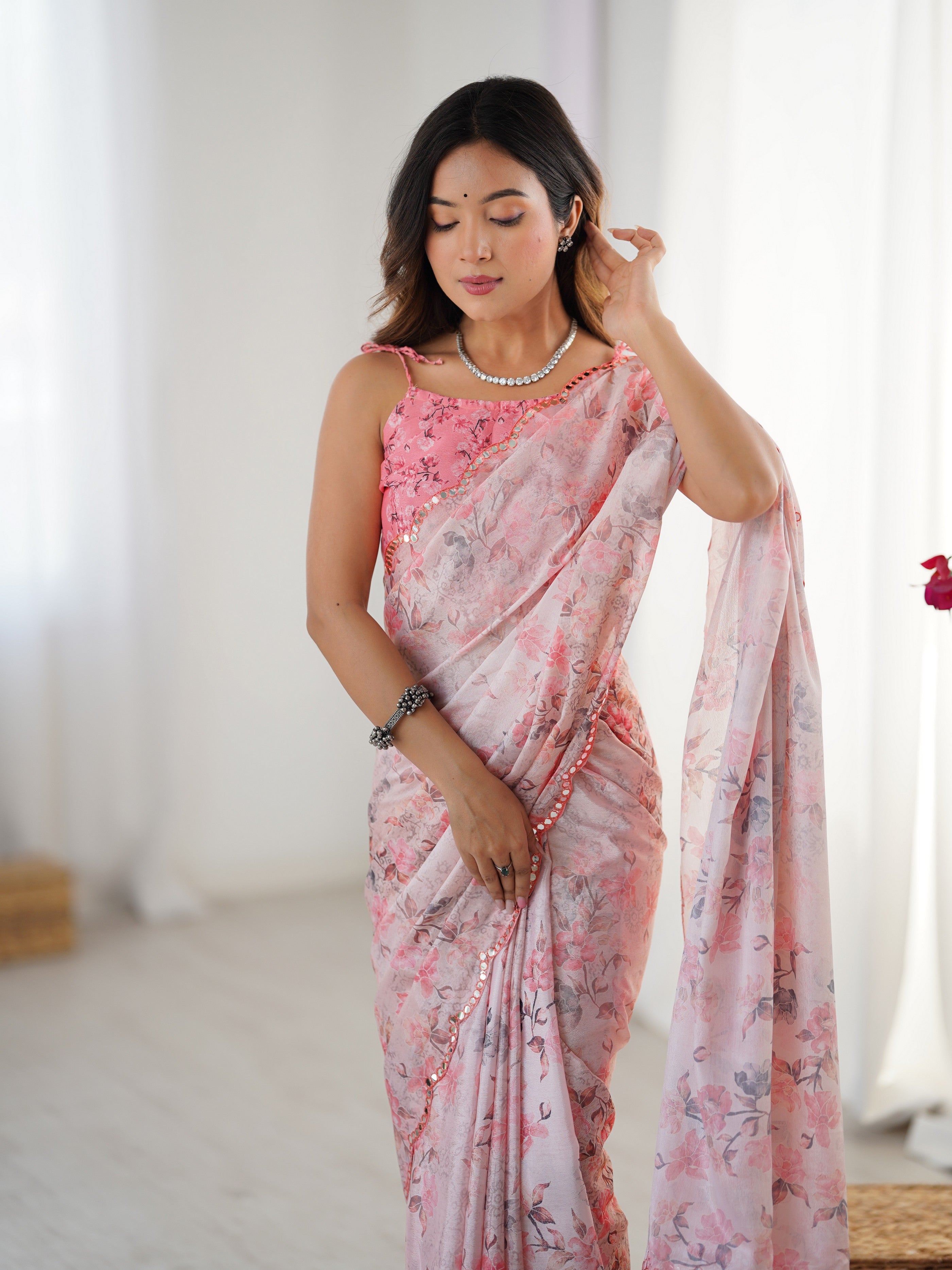 Pink Beautiful Printed Chinon Saree With Stylish Border For Girlie Looks