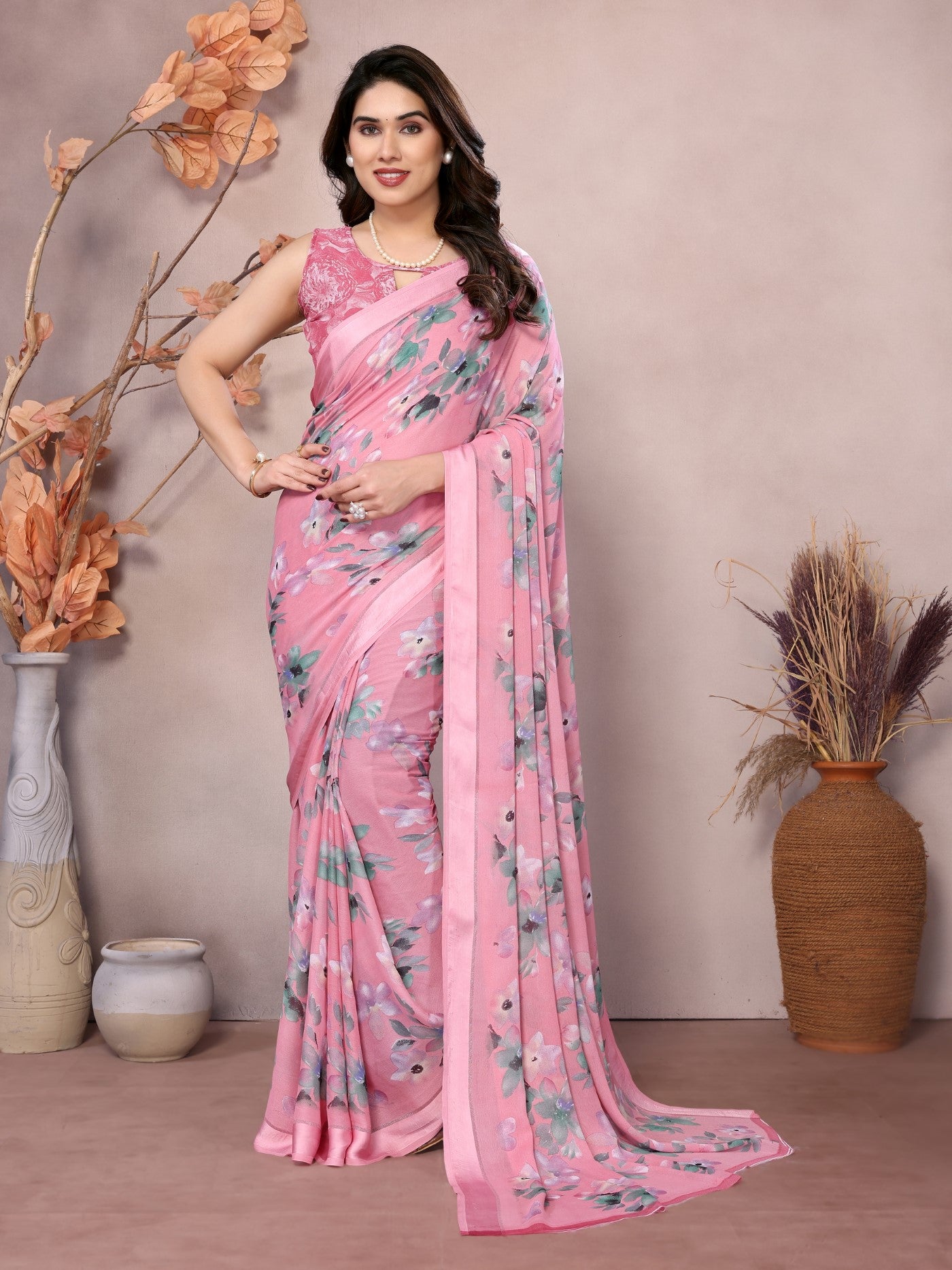 Pink Bright Moss Satin Patta Saree With Printed