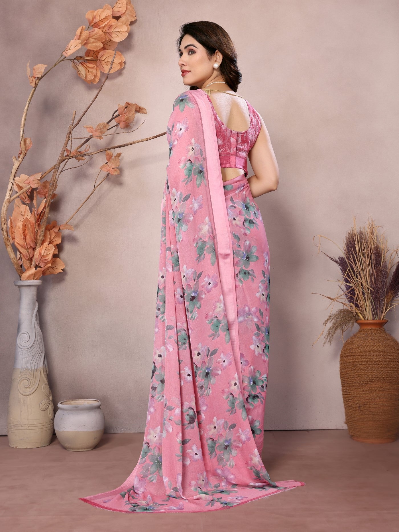 Pink Bright Moss Satin Patta Saree With Printed