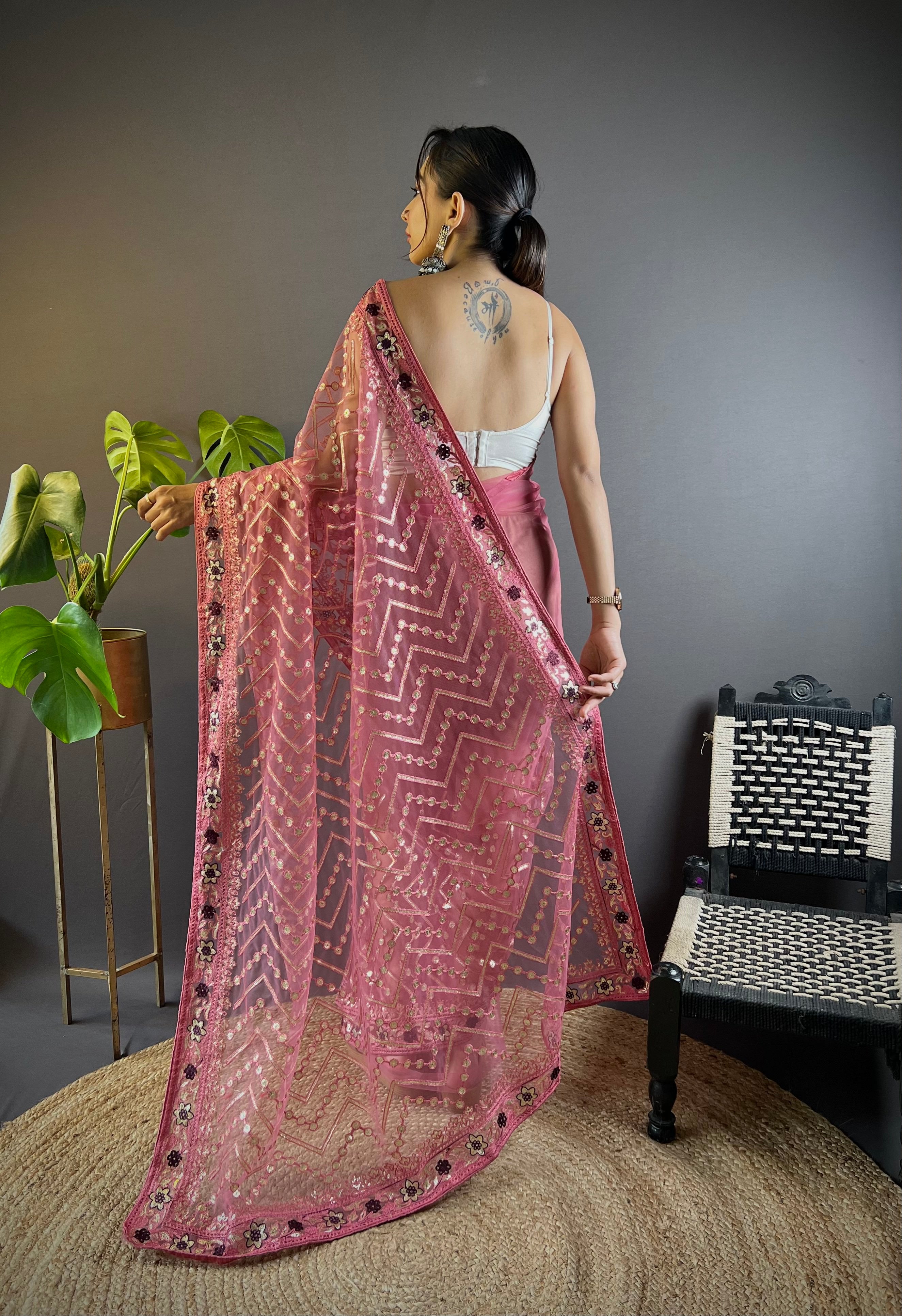 Pink Butterfly Net Fabric Embroidery Work Ceremonial Saree