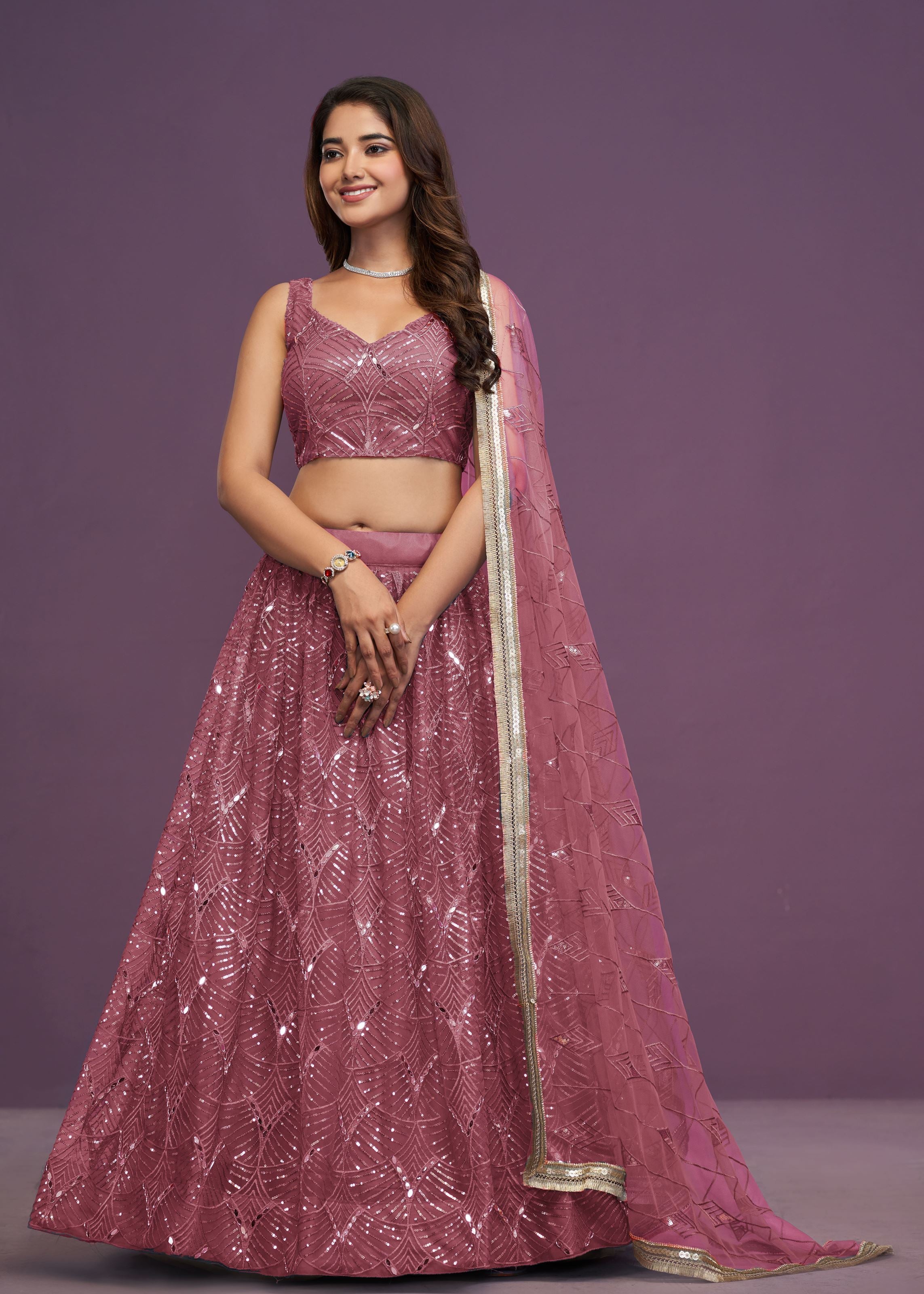 Pink Butterfly Net Real Mirror With Sequence Embroidery Work Lehenga Choli