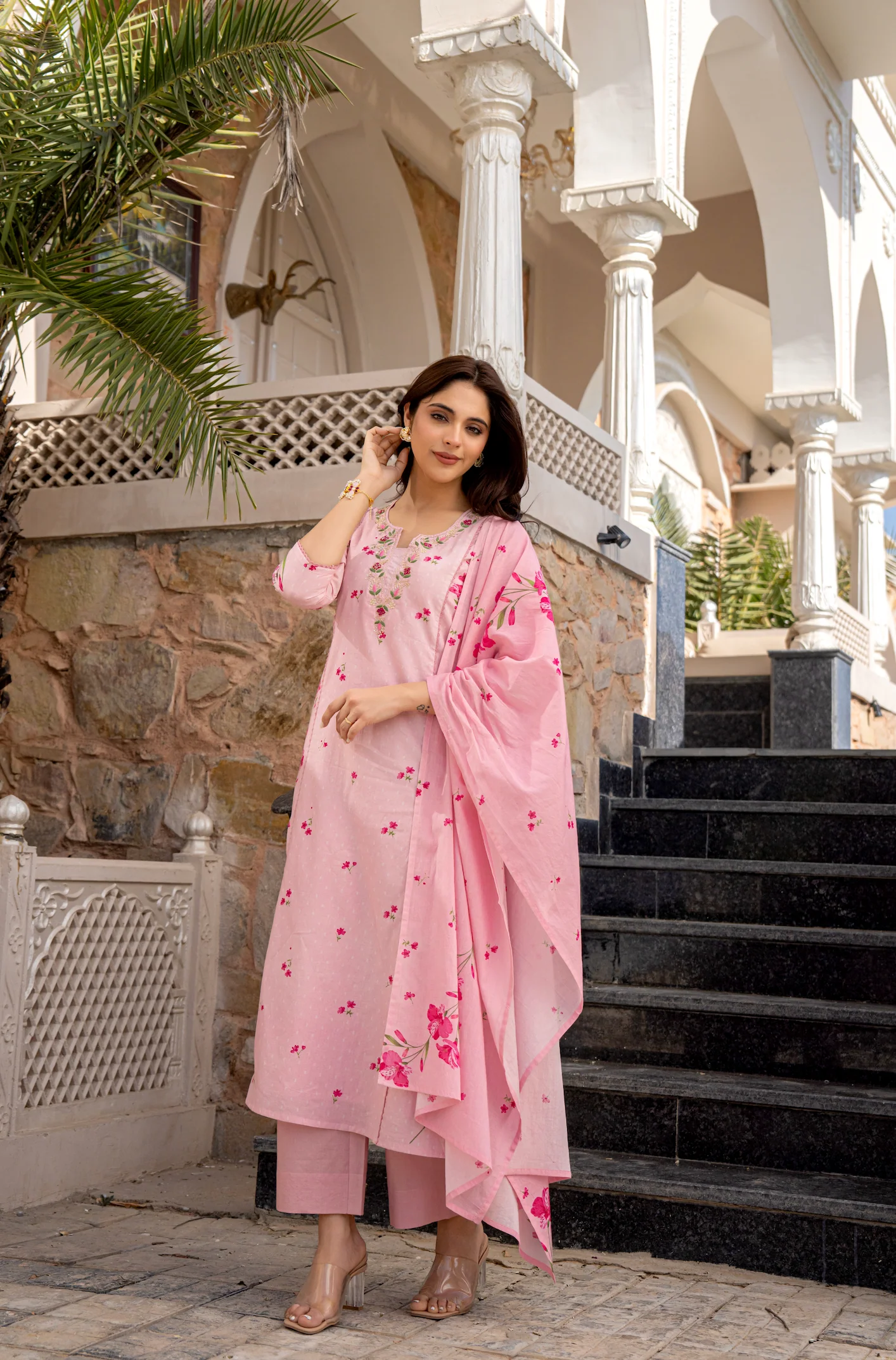 Pink Chanderi Butti Kurta Pant Set Printed