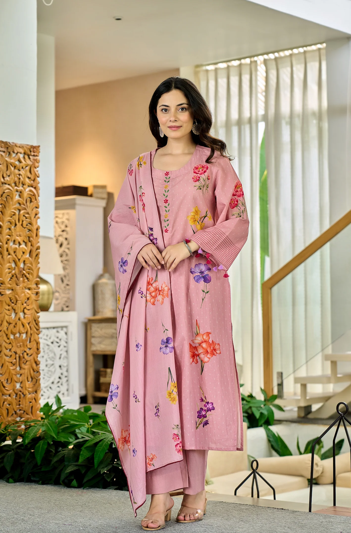 Pink Chanderi Butti Kurta Pant Set Printed