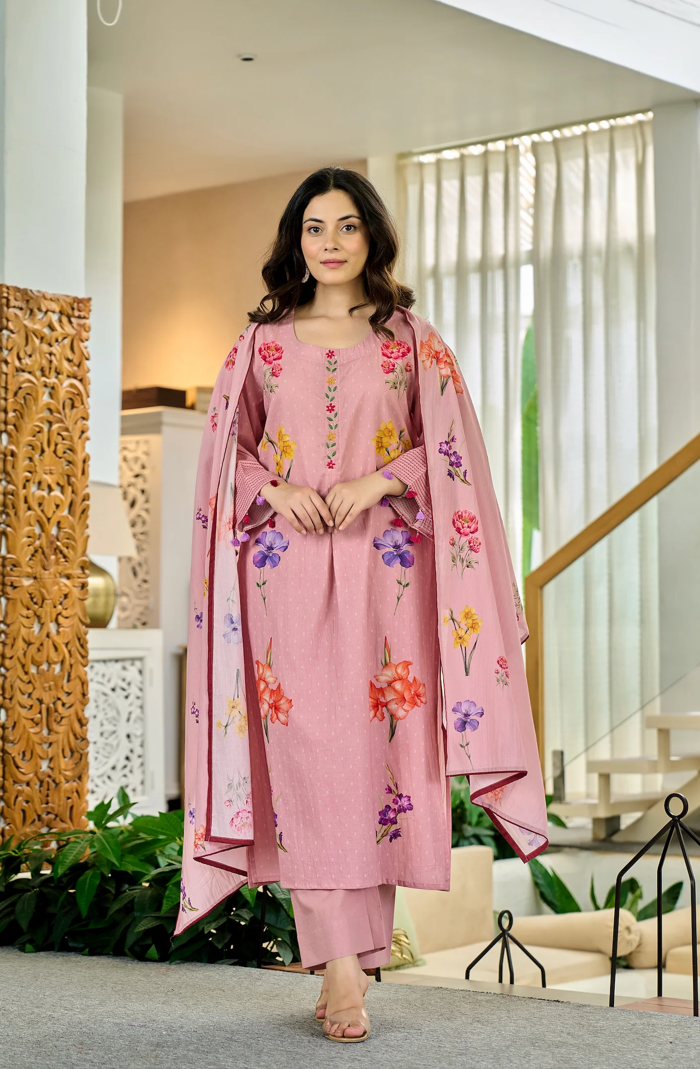Pink Chanderi Butti Kurta Pant Set Printed