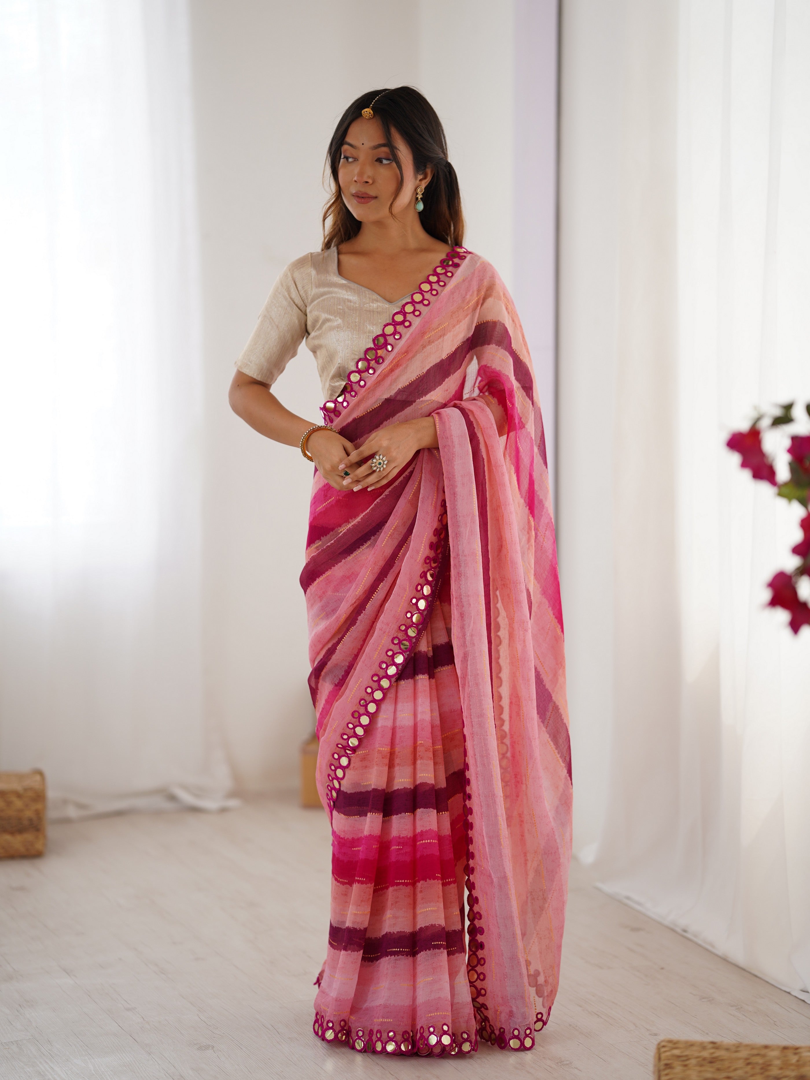 Pink Chiffon Designer Laheriya Printed Saree With Mirror Cut Work
