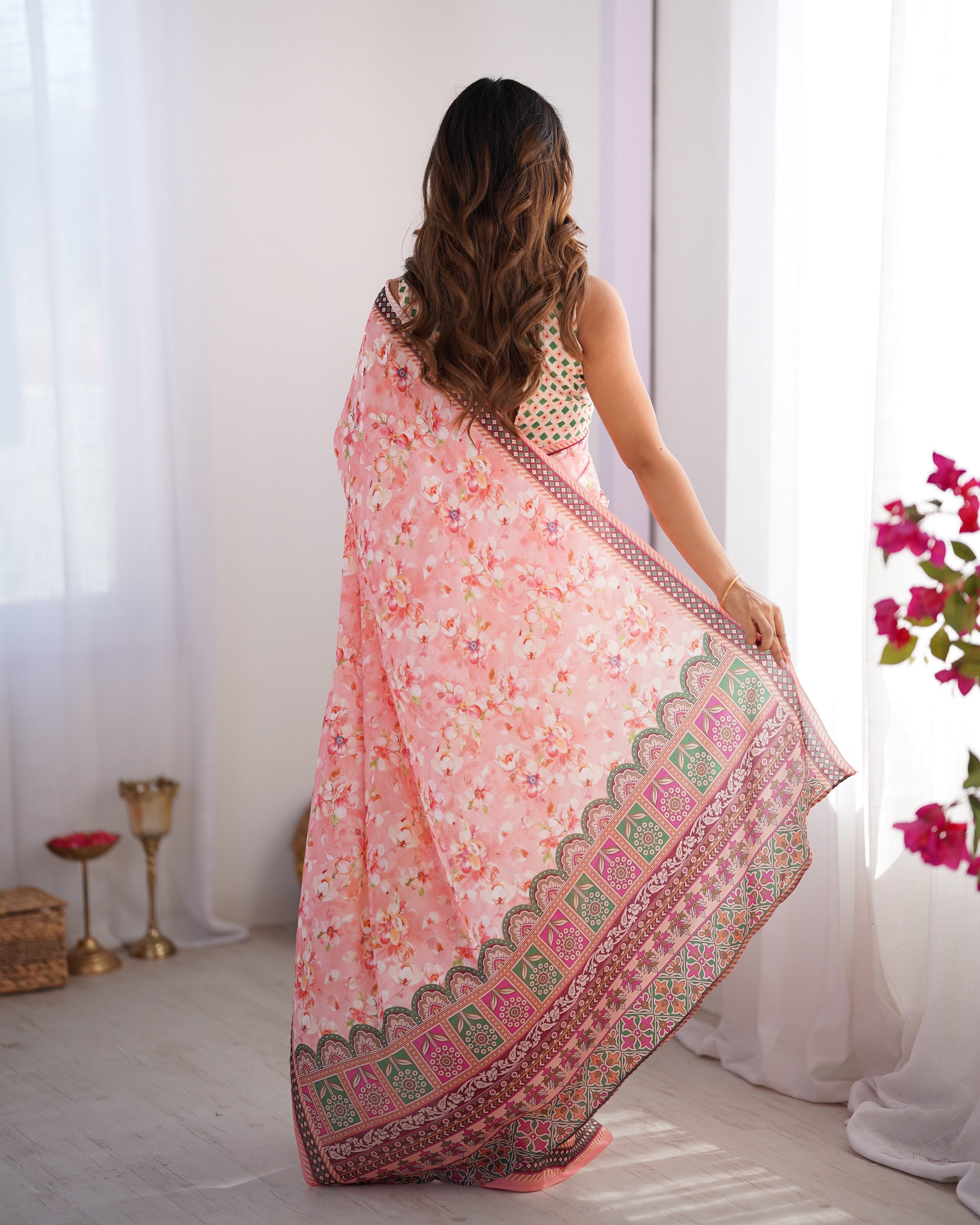 Pink Chinon Designer Printed Bollywood Style Saree