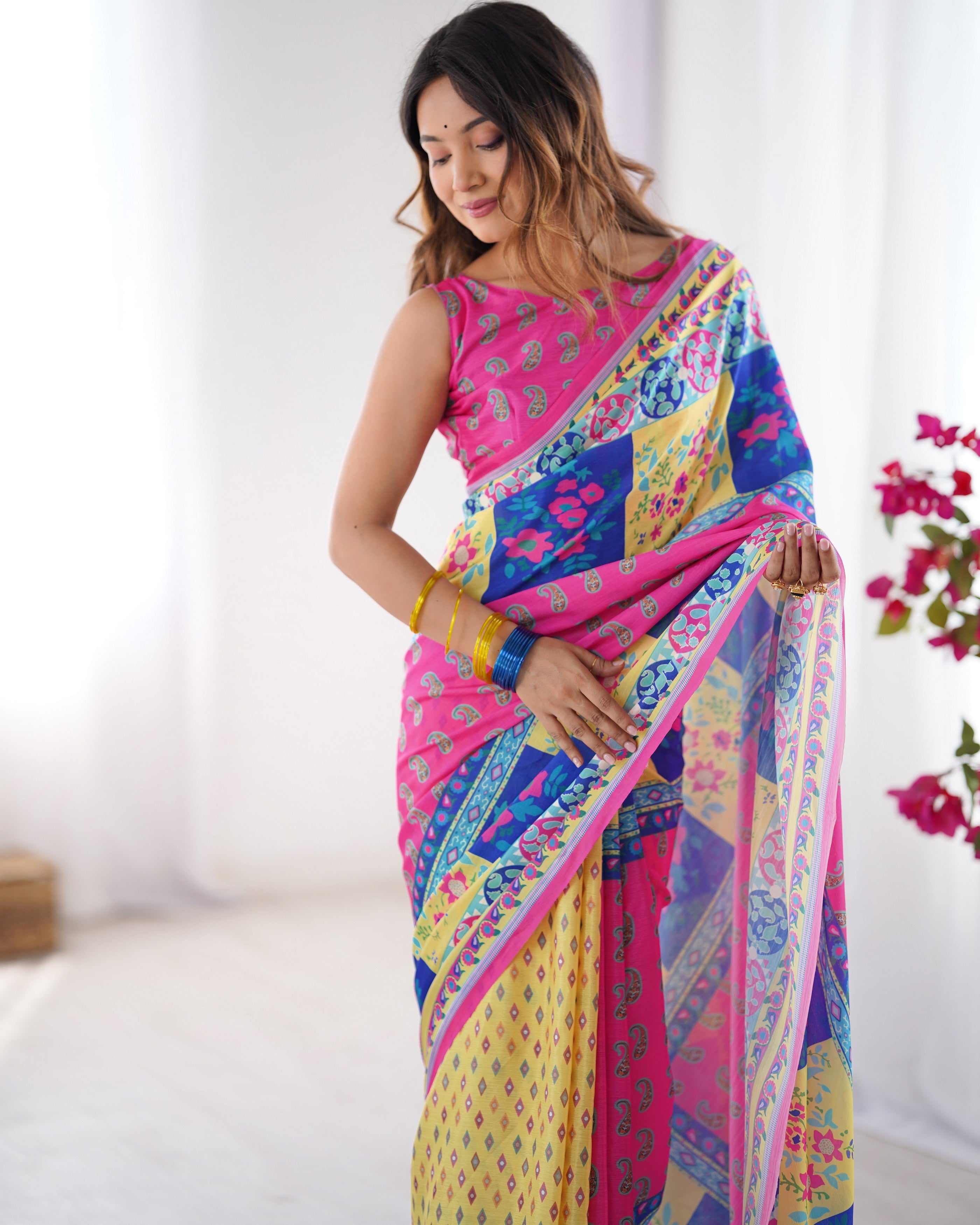 Pink Chinon Designer Printed Fancy Partywear Saree