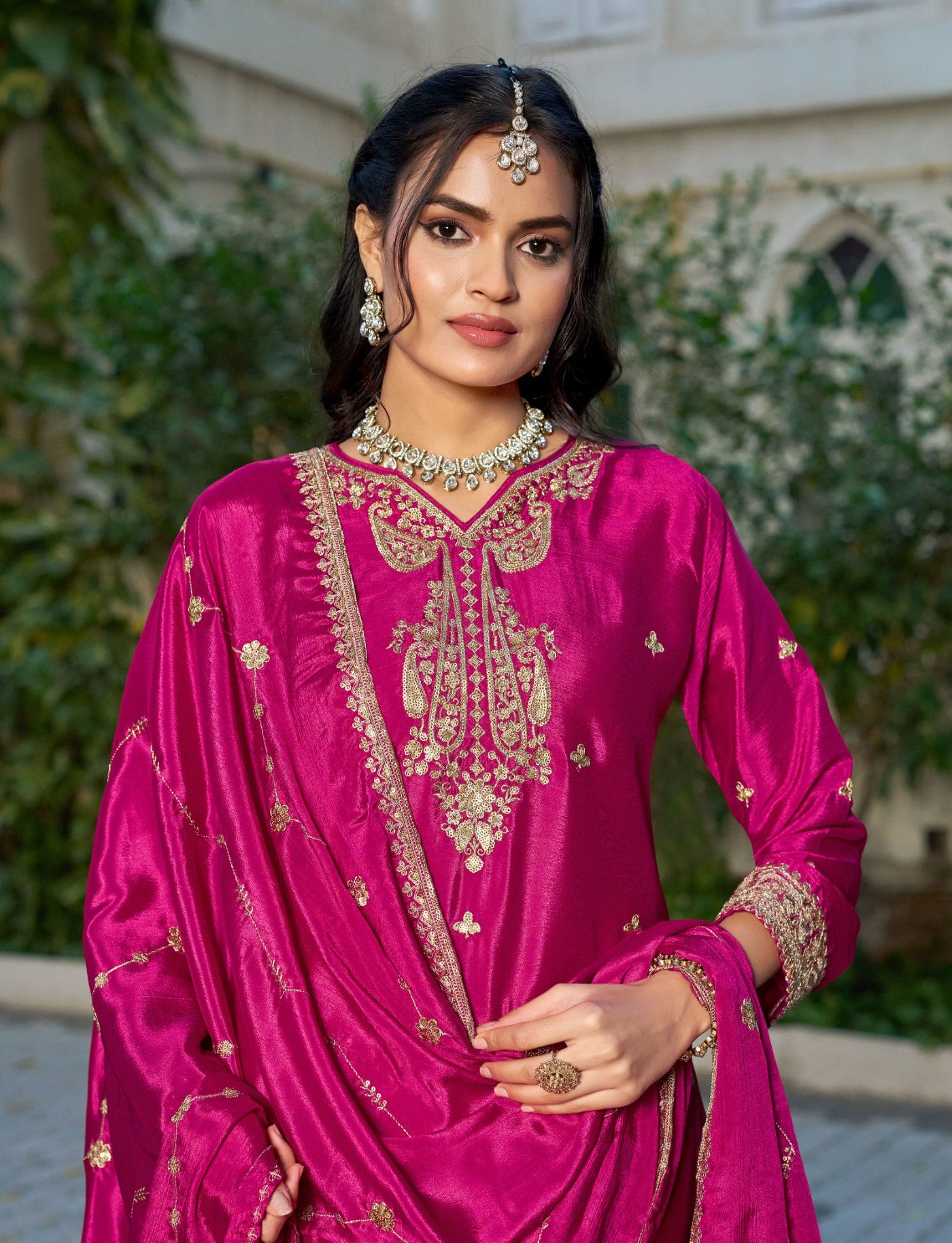 Pink Chinon Designer Suit Set With Elegant Embroidery