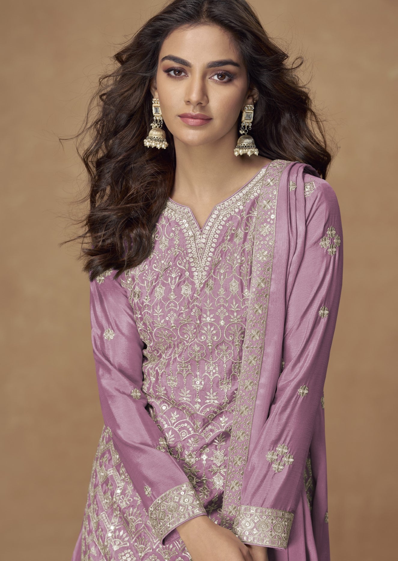 Pink Chinon Silk Salwar Suit With Zari Sequin Embroidery