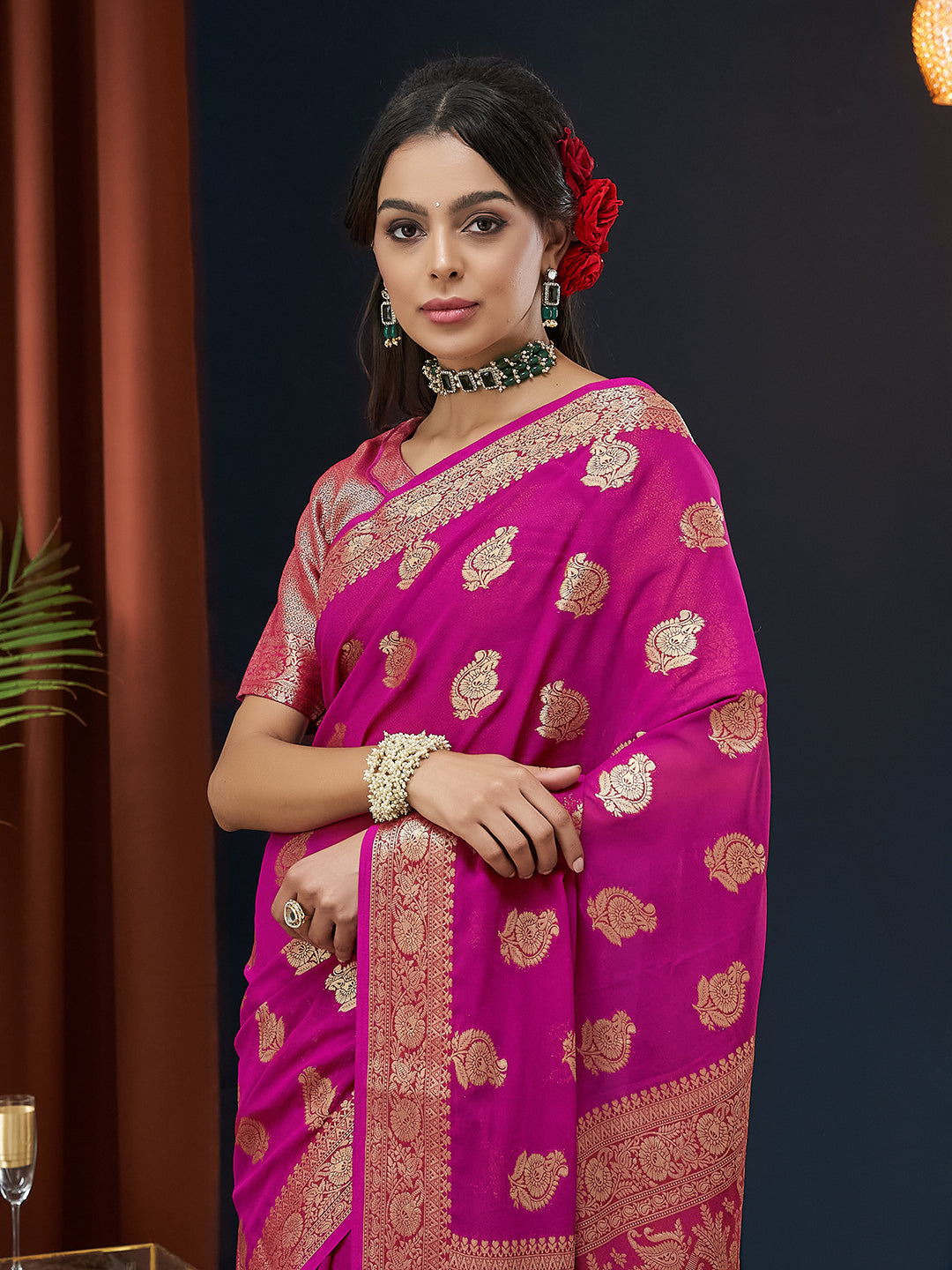 Pink Colour Georgette Designer Zari Woven Saree For Partywear Looks