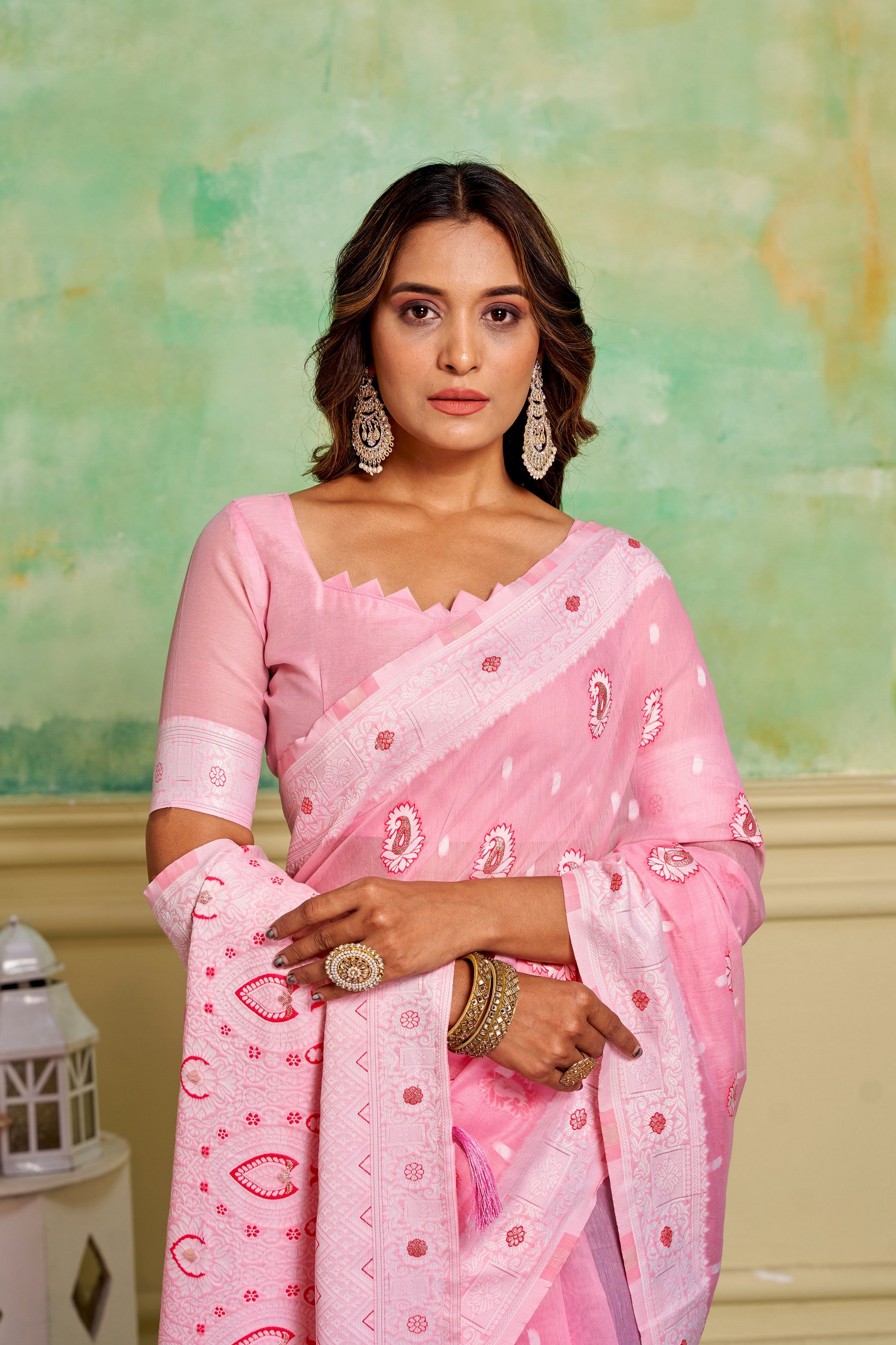 Pink Cotton Fabric Woven Designer Ethnic Festive Wear Saree