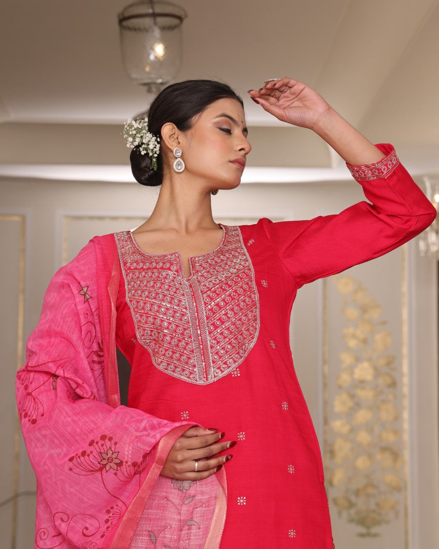 Pink Cotton Silk Designer Suit Set With Artisan Embroidery
