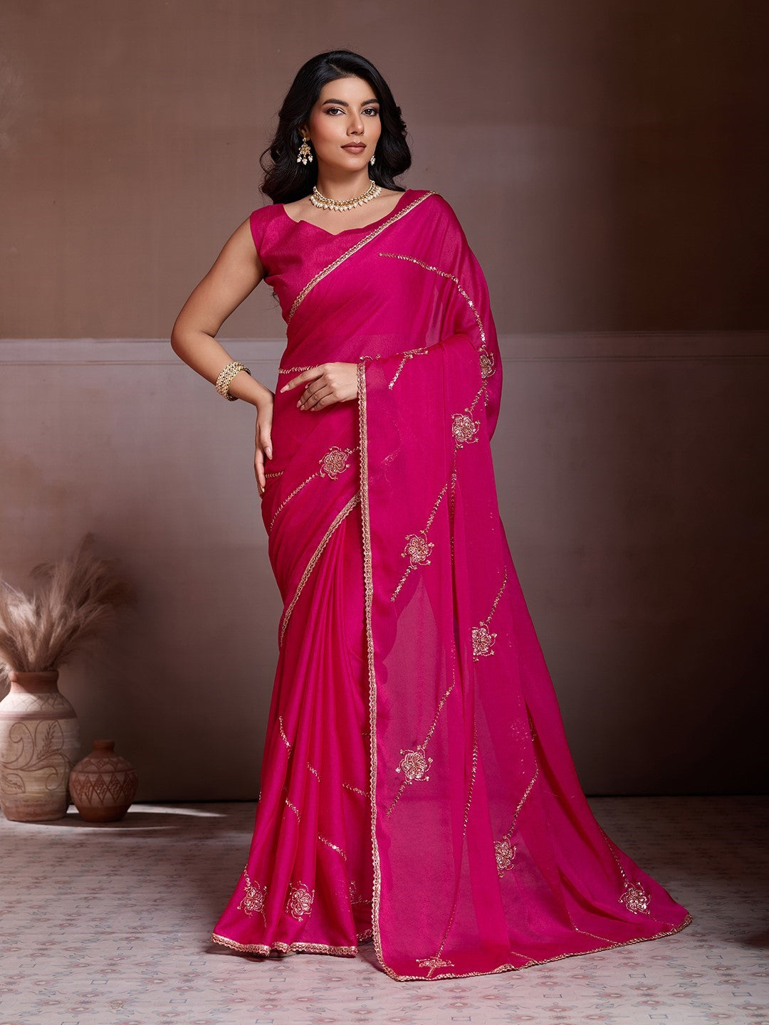 Pink Crush Silk Saree With Embroidery Elegant Designer Saree