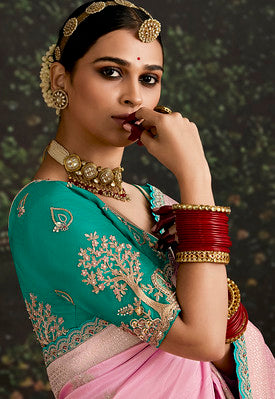 Pink Dola Silk Saree With Jacquard Woven with Embroidered Lace Border