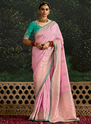 Pink Dola Silk Saree With Jacquard Woven with Embroidered Lace Border