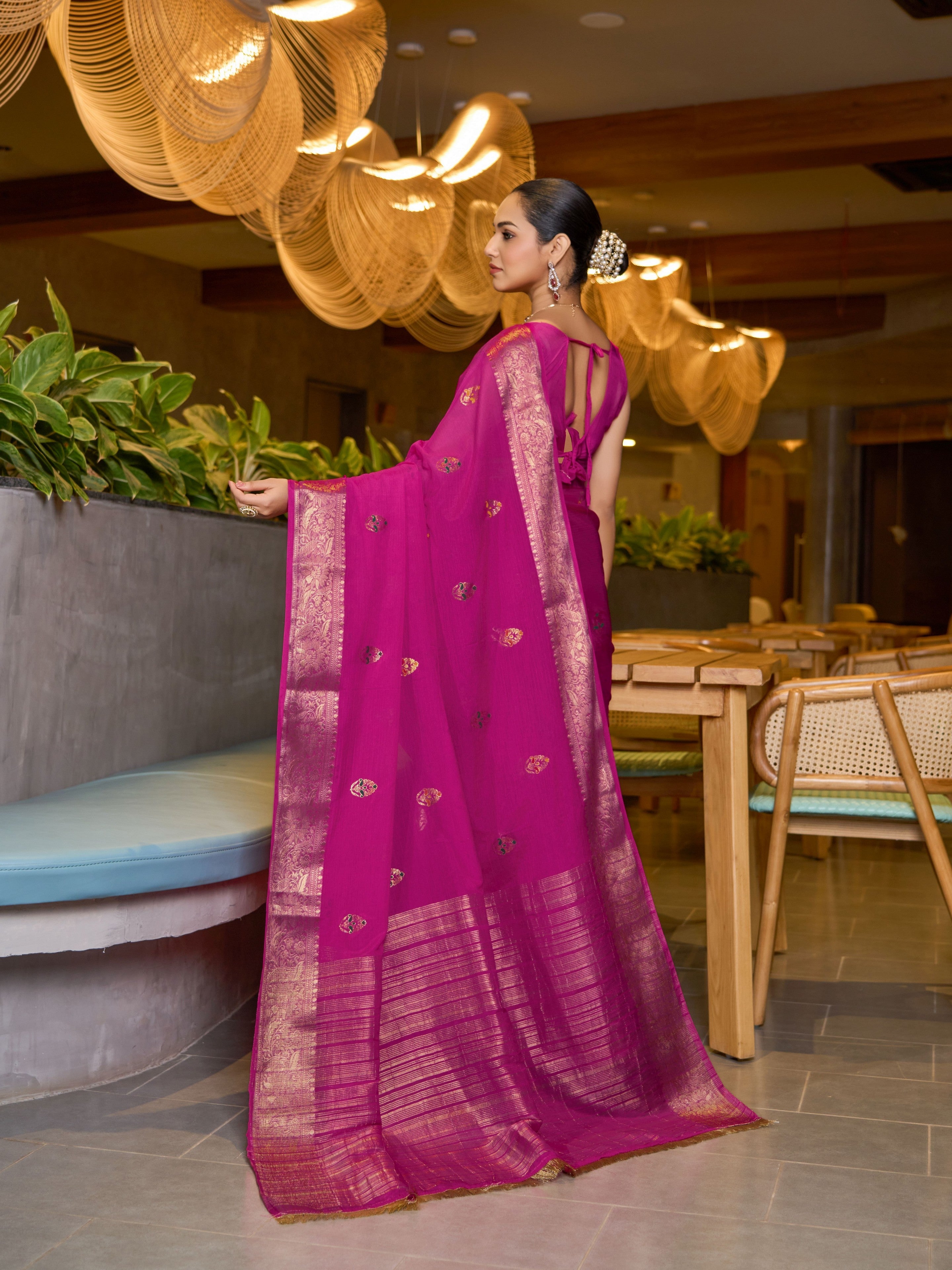 Pink Ethnic Chinon Woven Designer Partywear Saree