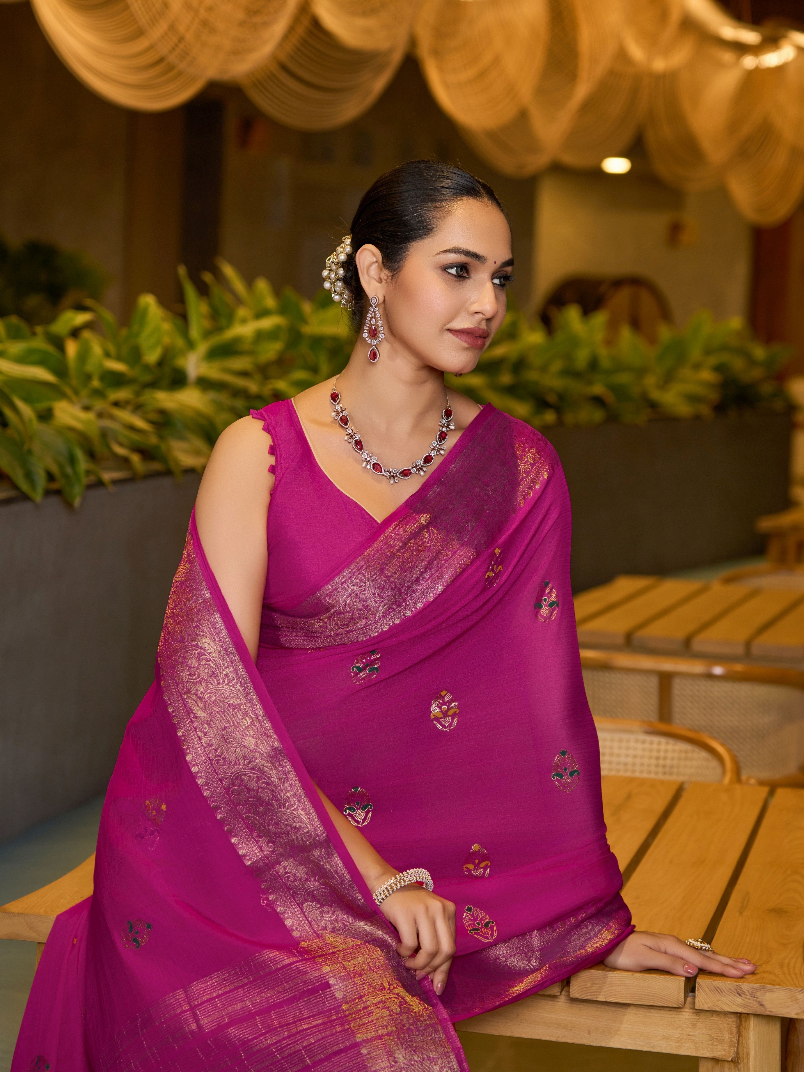 Pink Ethnic Chinon Woven Designer Partywear Saree