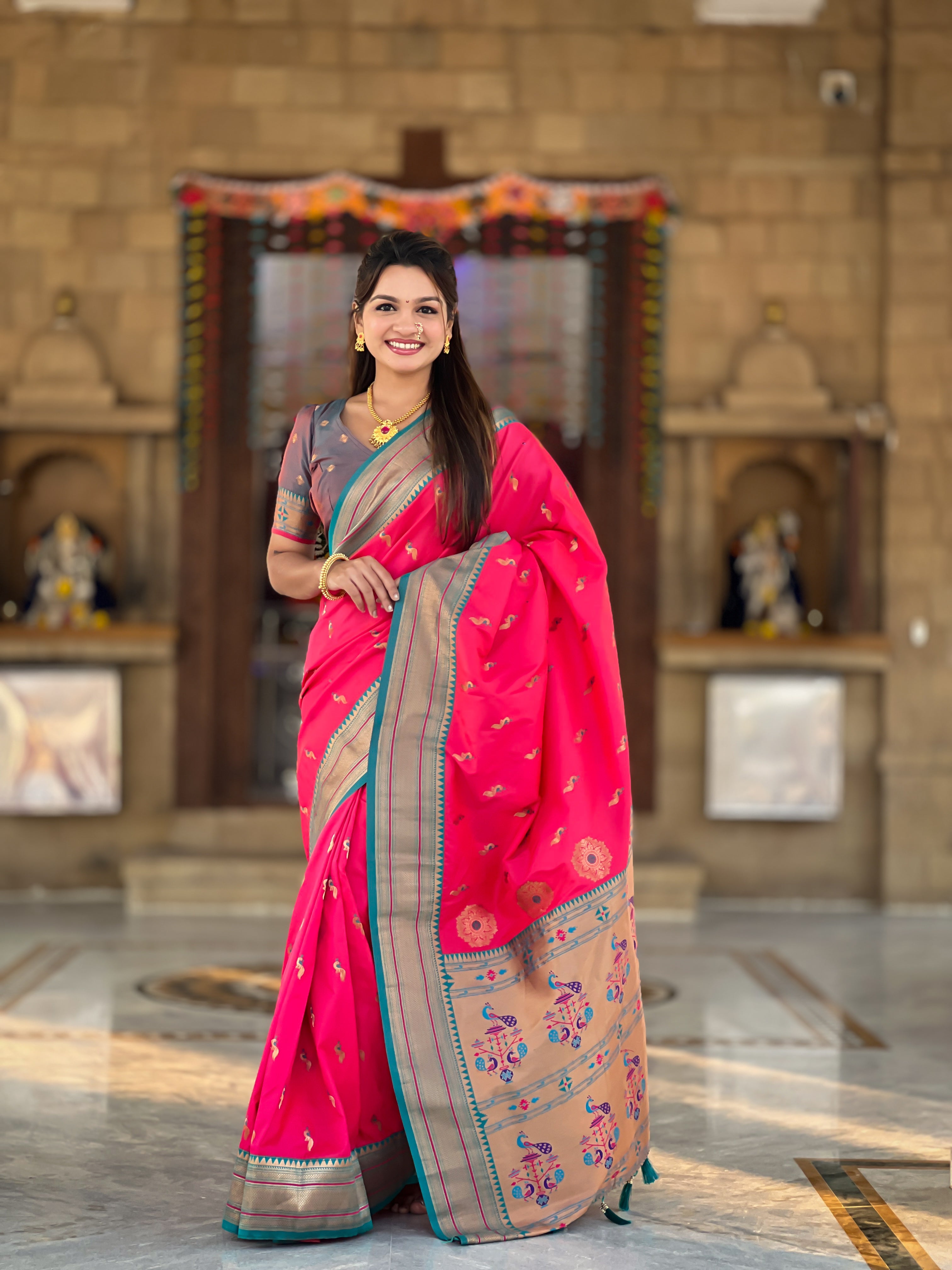 Pink Ethnic Paithani Silk Woven Jacquard Designer Ceremonial Fancy Saree