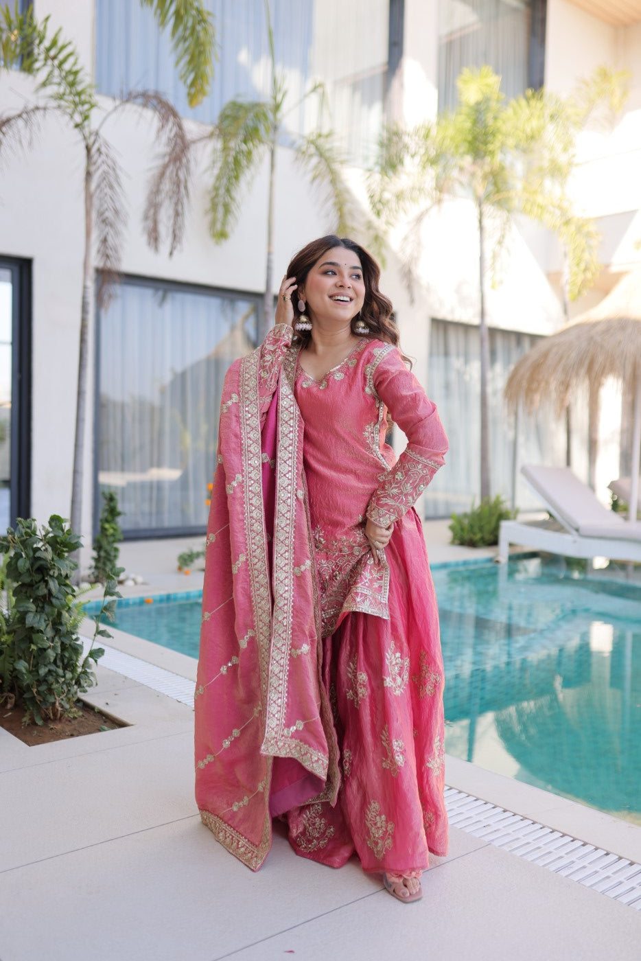 Pink Fendi Crush Designer Suit Set With Zari & Sequin Embroidery