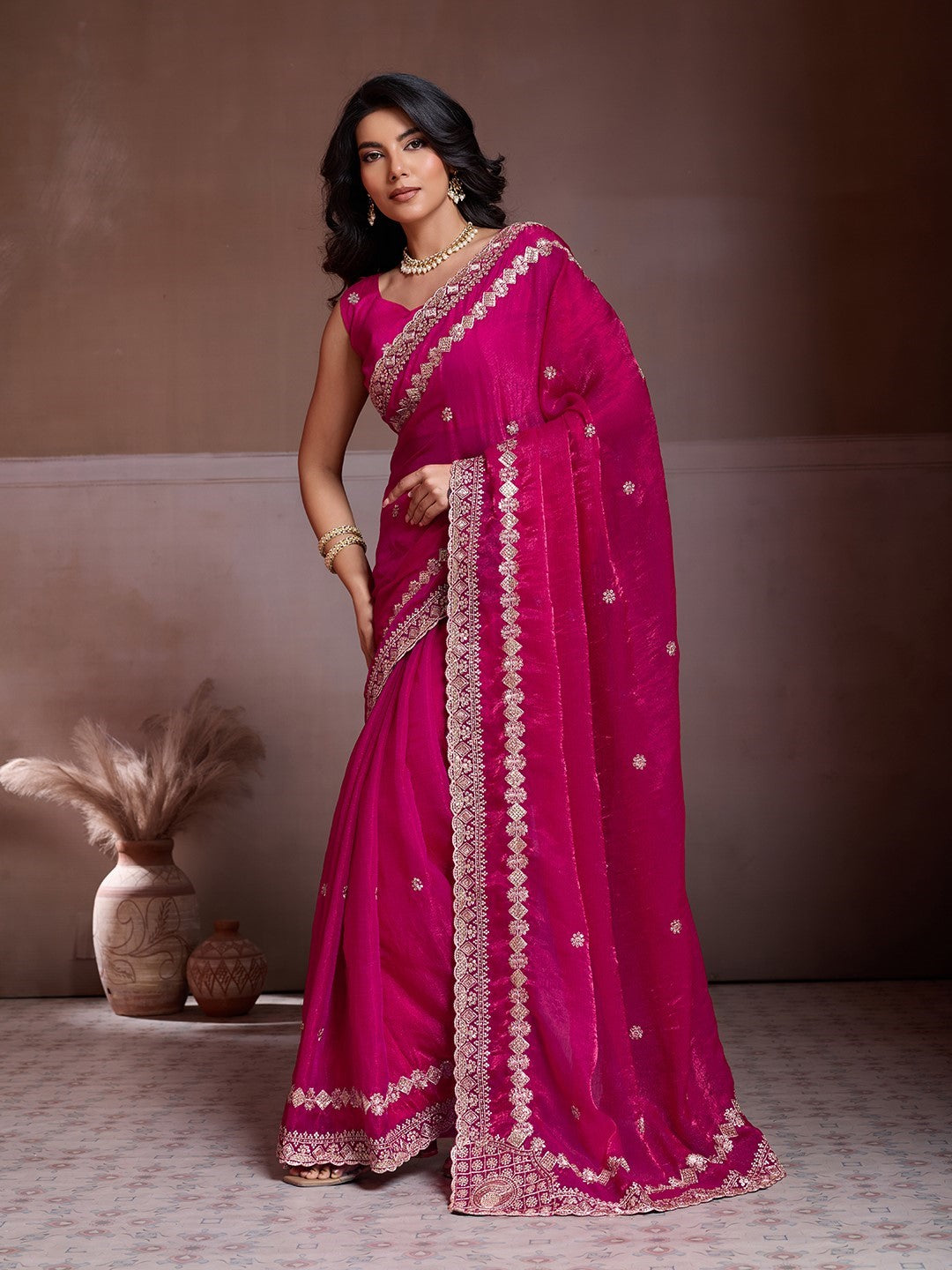 Pink Fendy Chiffon Saree With Embroidery Festive Premium Saree