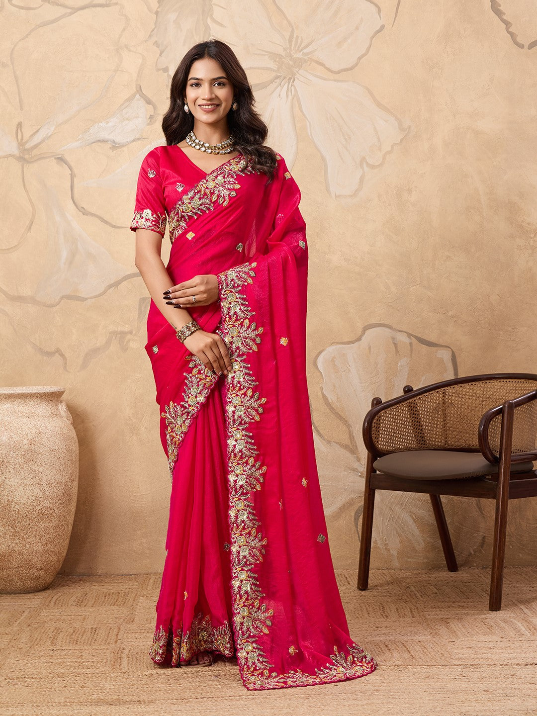 Pink Fendy Chiffon Saree With Traditional Embroidery