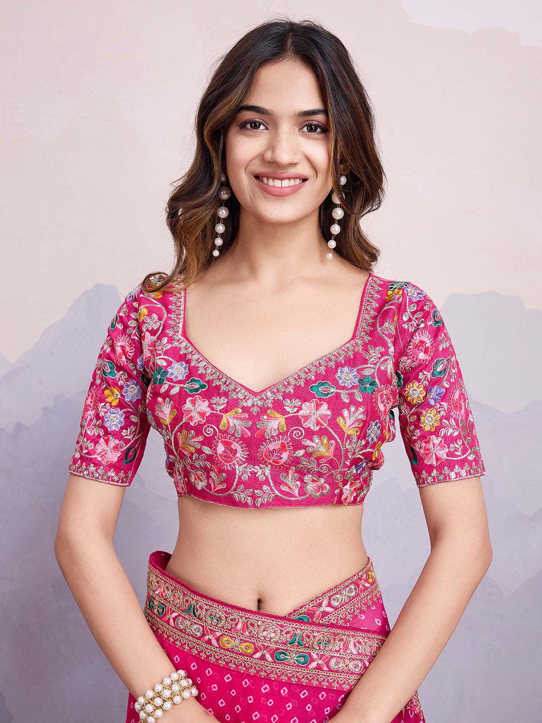 Pink Georgette Designer Partywear Bandhej Saree
