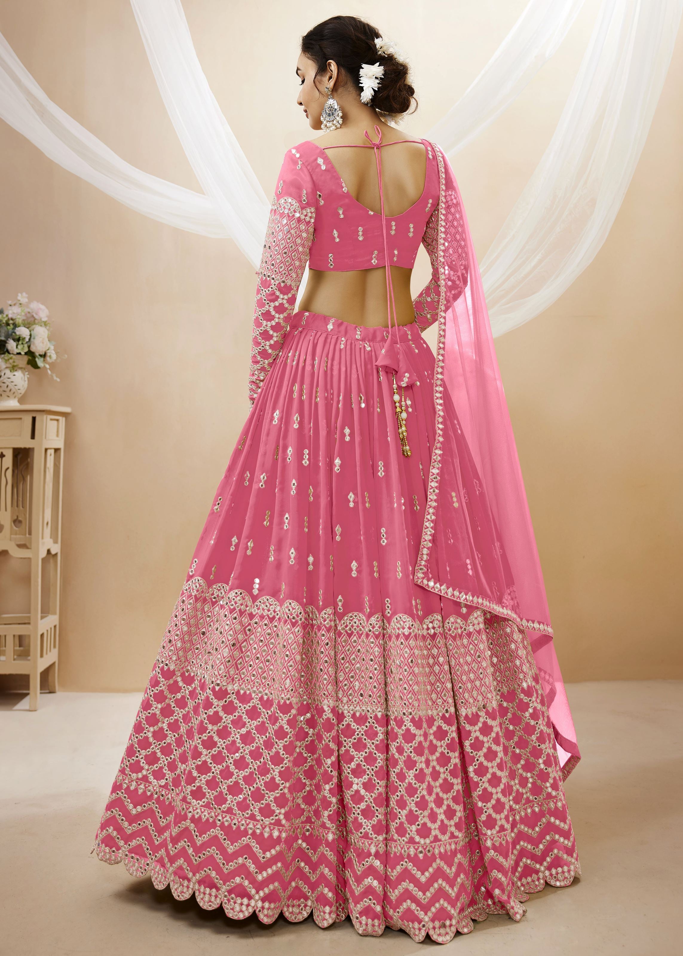 Pink Georgette Lehenga Choli With Sequins Zari Embroidered Work