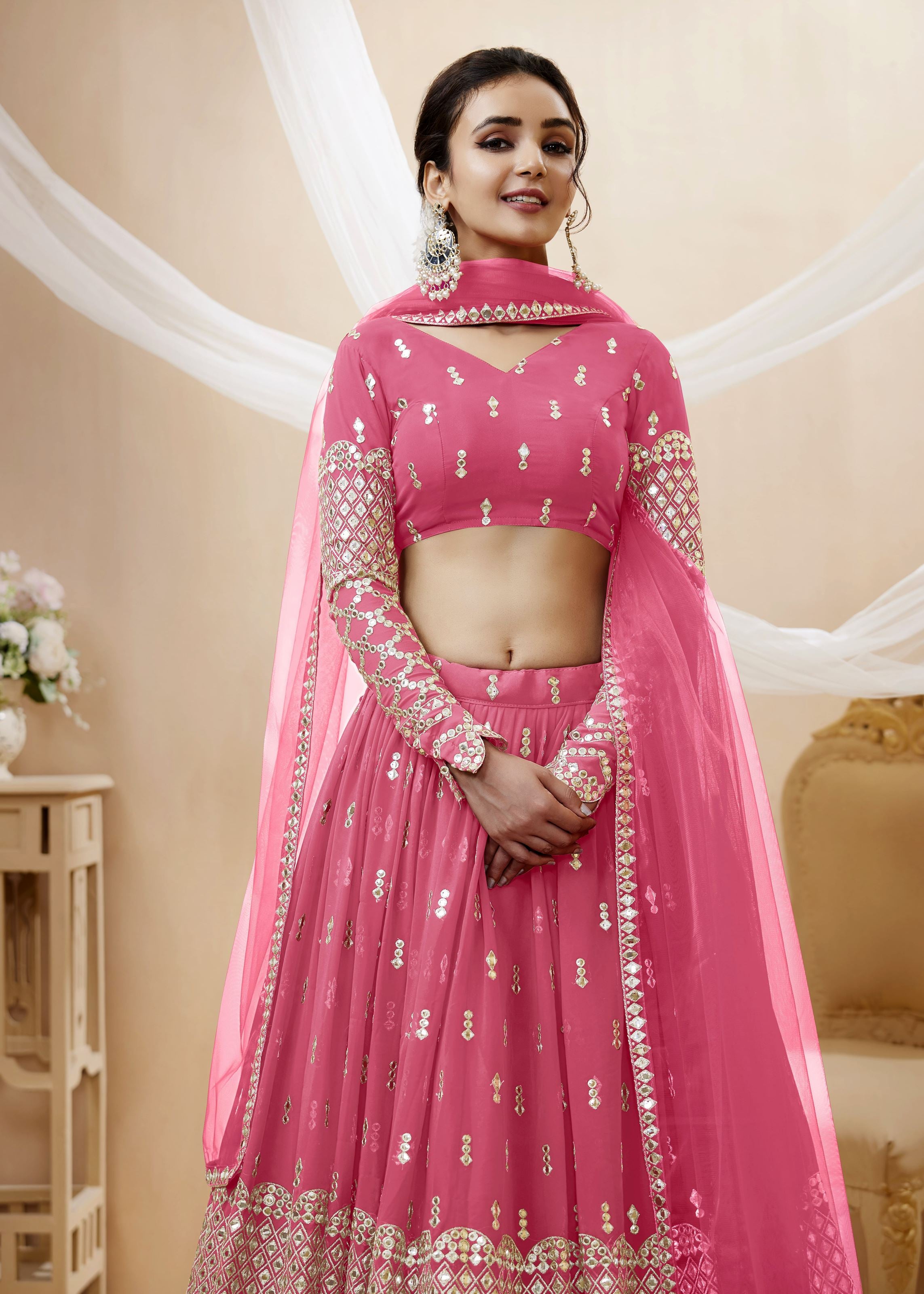 Pink Georgette Lehenga Choli With Sequins Zari Embroidered Work