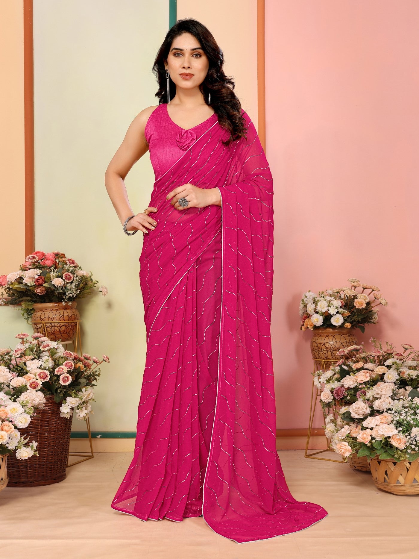 Pink Georgette Saree With Mukesh Work Saree