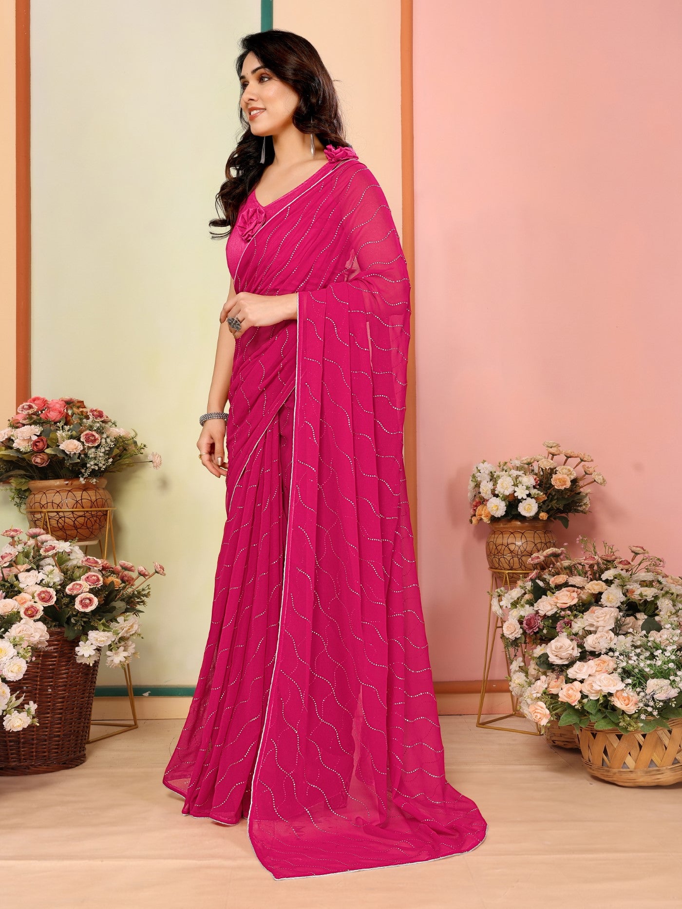 Pink Georgette Saree With Mukesh Work Saree
