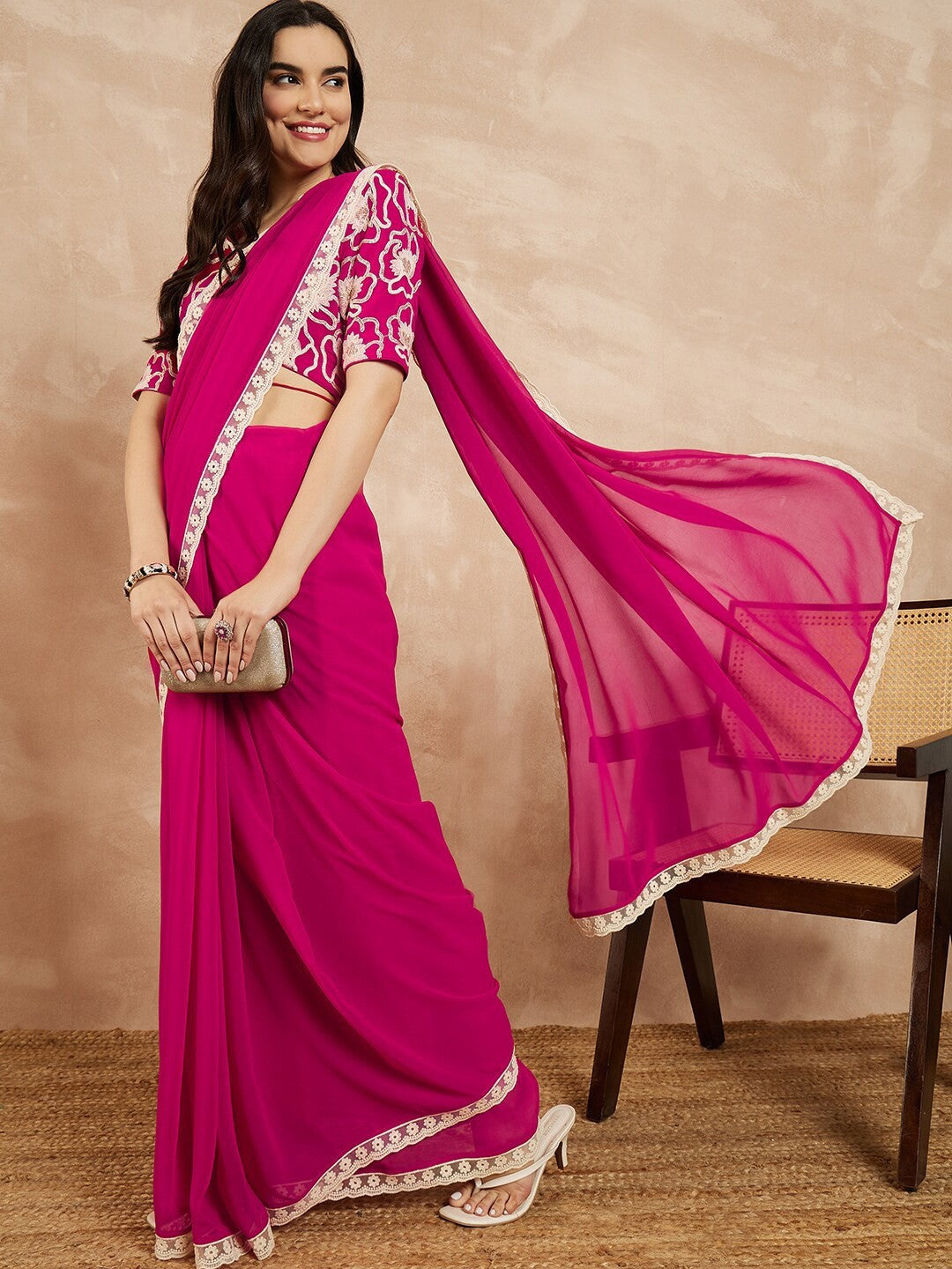 Pink Georgette Saree With Plain Saree With Embroidery Cut Work Lace With Embroidery Work Blouse